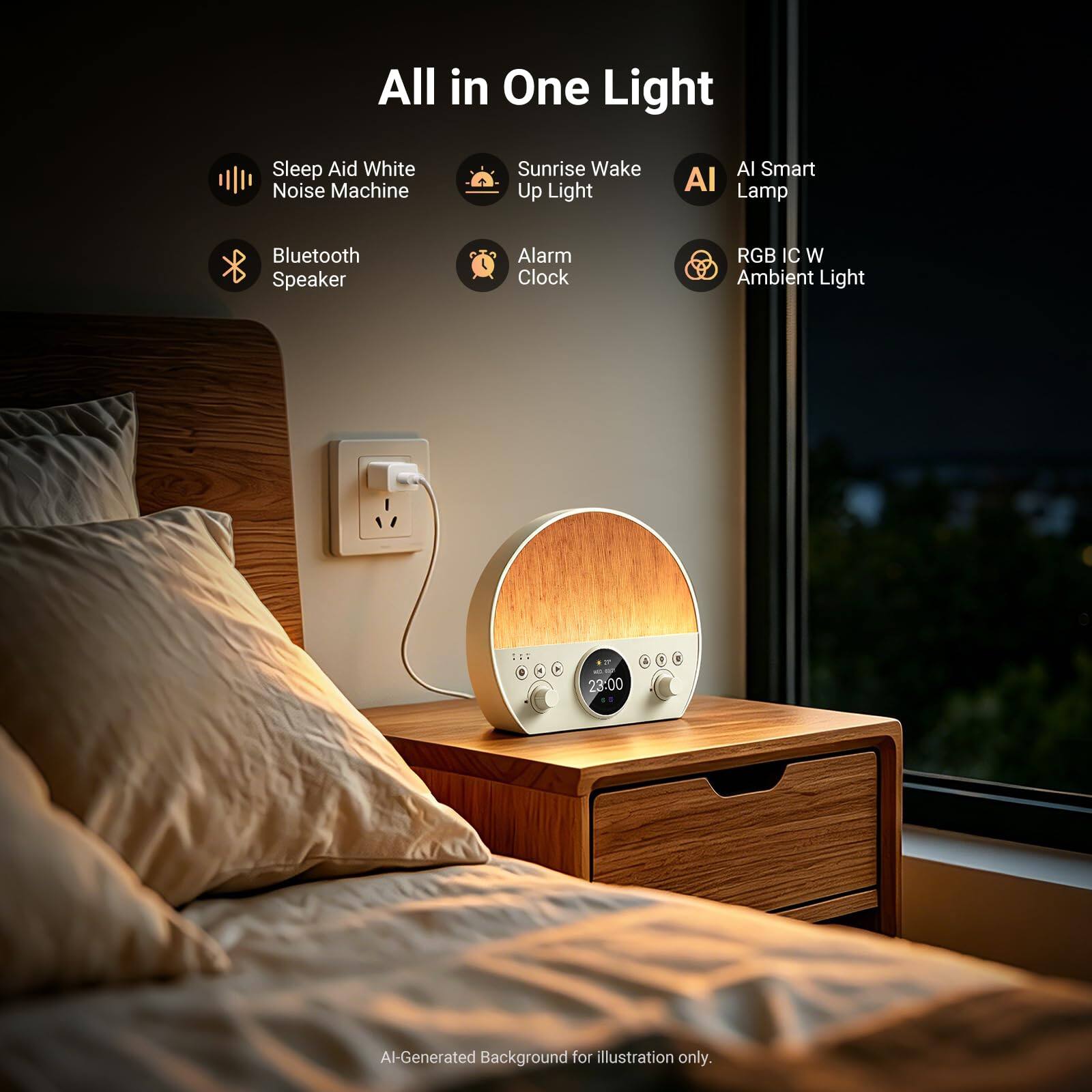 All in One Light Sleep Aid White Noise Machine Sunrise Wake Up Light AI Smart AI Lamp Bluetooth Speaker Alarm Clock RGB IC W Ambient Light

23:00 AI, AI-Generated Background for illustration only.