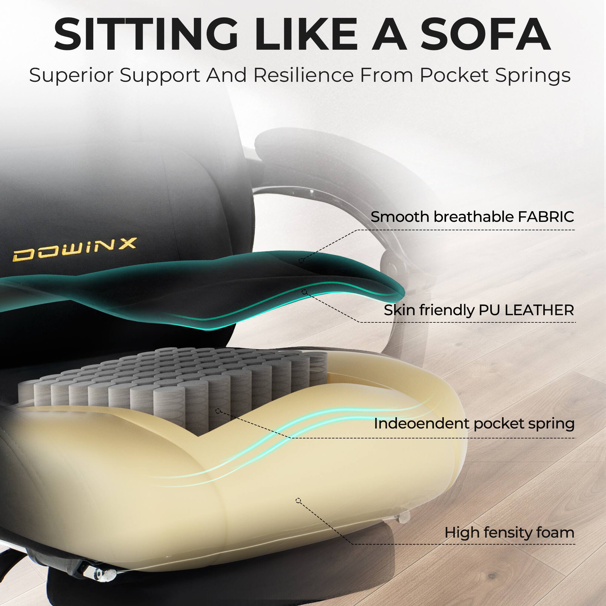 SITTING LIKE A SOFA  
Superior Support And Resilience From Pocket Springs  

- Smooth breathable FABRIC  
- Skin friendly PU LEATHER  
- Independent pocket spring  
- High density foam