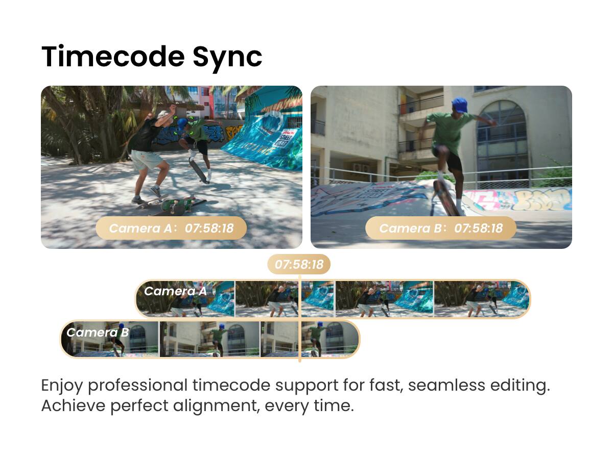 Timecode Sync

Camera A: 07:58:18  
Camera B: 07:58:18

Enjoy professional timecode support for fast, seamless editing.  
Achieve perfect alignment, every time.