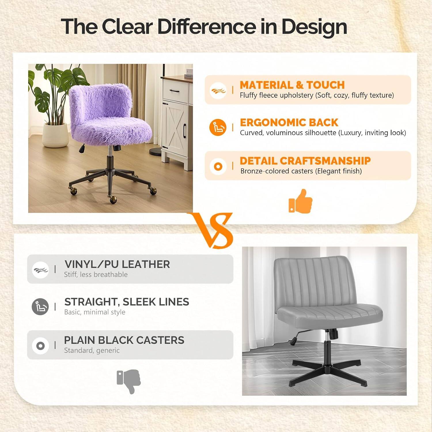 The Clear Difference in Design

MATERIAL & TOUCH
Fluffy fleece upholstery (Soft, cozy, fluffy texture)

ERGONOMIC BACK
Curved, voluminous silhouette (Luxury, inviting look)

DETAIL CRAFTSMANSHIP
Bronze-colored casters (Elegant finish)

VS

VINYL/PU LEATHER
Stiff, less breathable

STRAIGHT, SLEEK LINES
Basic, minimal style

PLAIN BLACK CASTERS
Standard, generic