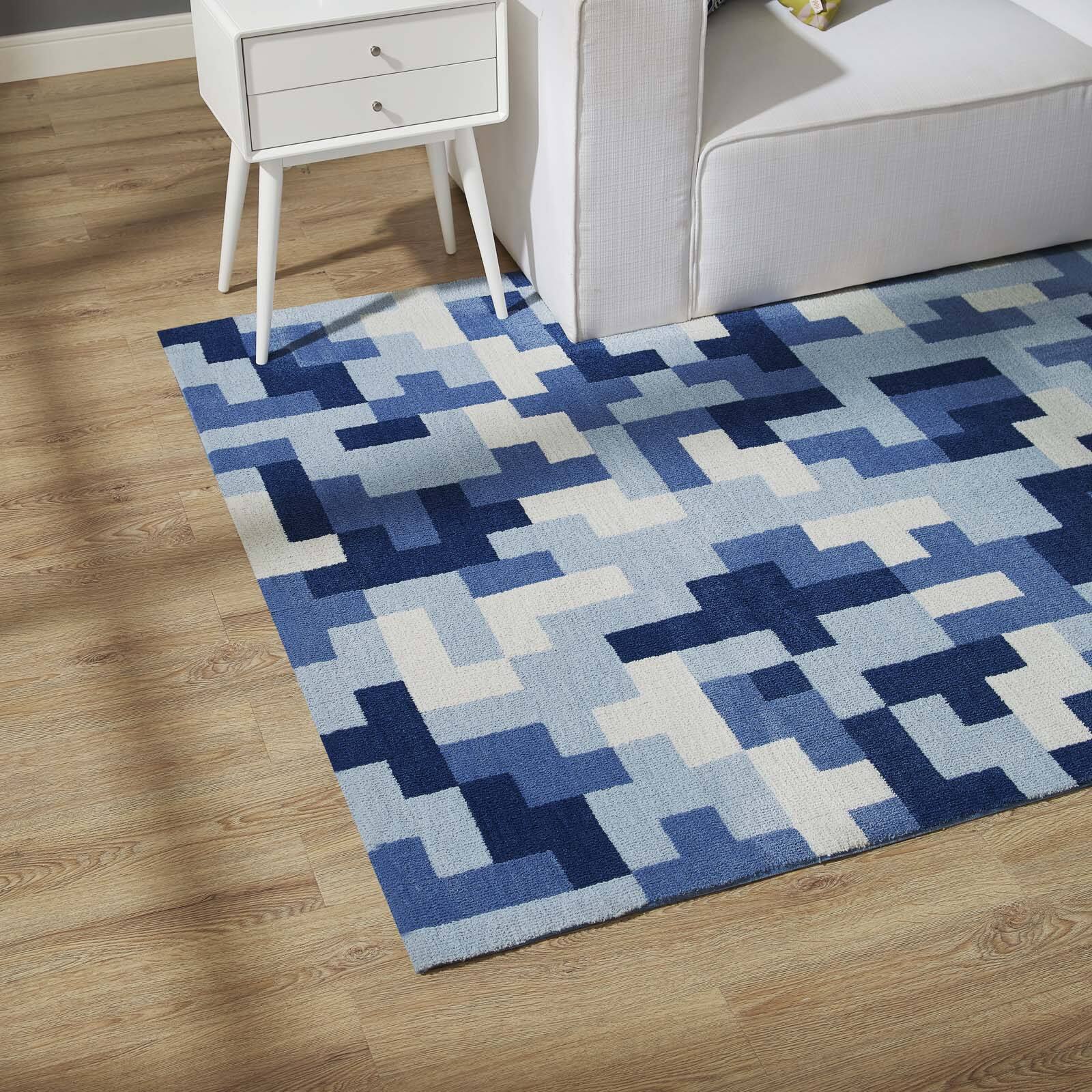 Left. Modway - Andela Interlocking Block Mosaic Area Rug - Multicolored Light and Dark Blue.