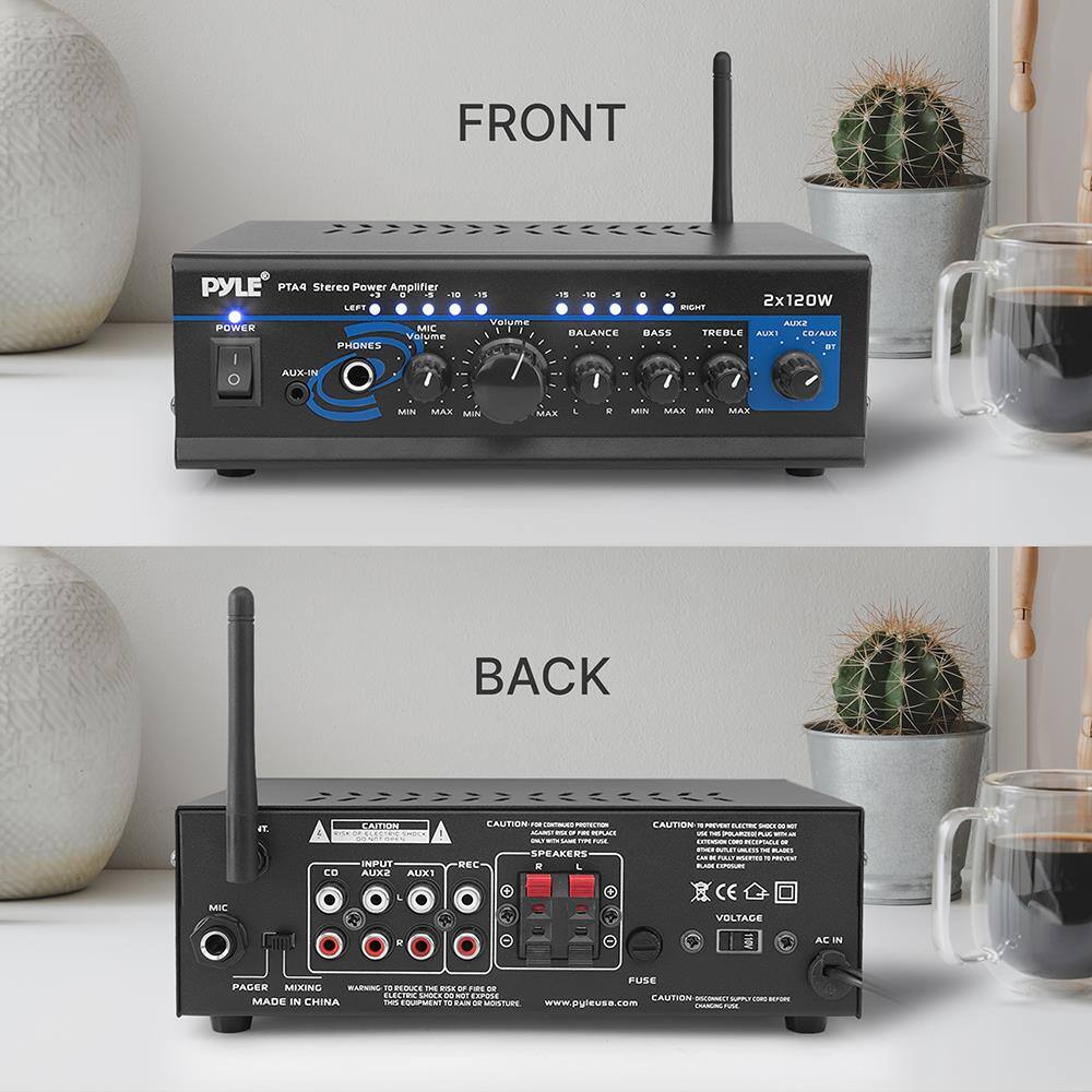 FRONT PYLE PT4 Stereo Power Amplifier  
- 2x120W  
- Volume  
- Balance  
- Bass  
- Treble  
- AUX1  
- AUX2  
- BT  
- PHONES  
- AUX-IN  
- MIC  
- VAUME / Valuma  
- BALANCE  
- BASS  
- TREBLE  
- AUX1  
- AUX2  
- BT  
- PHONES  
- AUX-IN  
- MIC  
- VAUME / Valuma  
- BALANCE  
- BASS  
- TREBLE  
- AUX1  
- AUX2  
- BT  
- PHONES  
- AUX-IN  
- MIC  
- VAUME / Valuma  
- BALANCE  
- BASS  
- TREBLE  
- AUX1  
- AUX2  
- BT  
- PHONES  
- AUX-IN  
- MIC  
- VAUME / Valuma  
- BALANCE  
- BASS  
- TREBLE  
- AUX1  
- AUX2  
- BT  
- PHONES  
- AUX-IN  
- MIC  
- VAUME / Valuma  
- BALANCE  
- BASS  
- TREBLE  
- AUX1  
- AUX2  
- BT  
- PHONES  
- AUX-IN