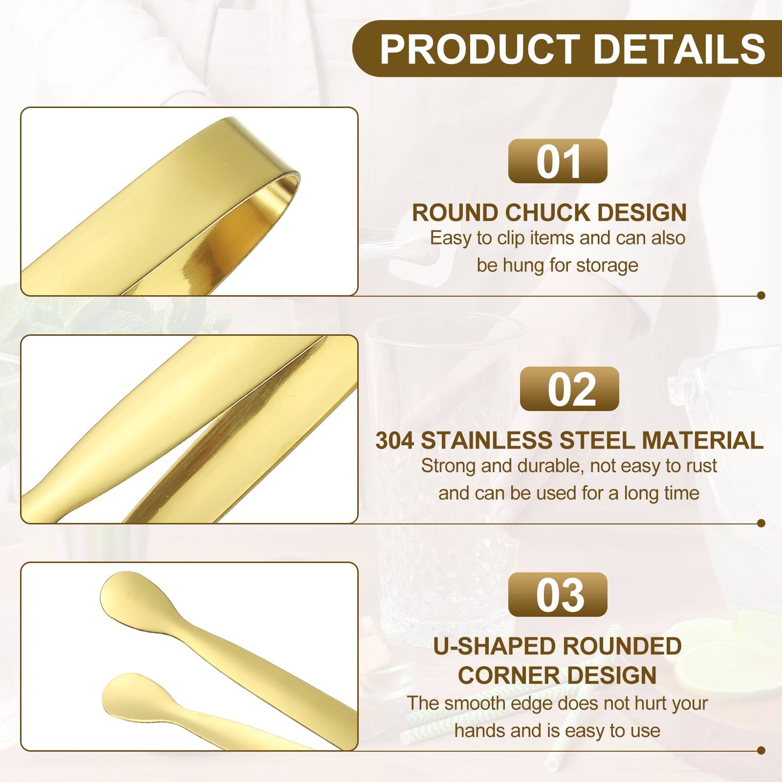 PRODUCT DETAILS

01 ROUND CHUCK DESIGN
Easy to clip items and can also be hung for storage

02 304 STAINLESS STEEL MATERIAL
Strong and durable, not easy to rust and can be used for a long time

03 U-SHAPED ROUNDED CORNER DESIGN
The smooth edge does not hurt your hands and is easy to use