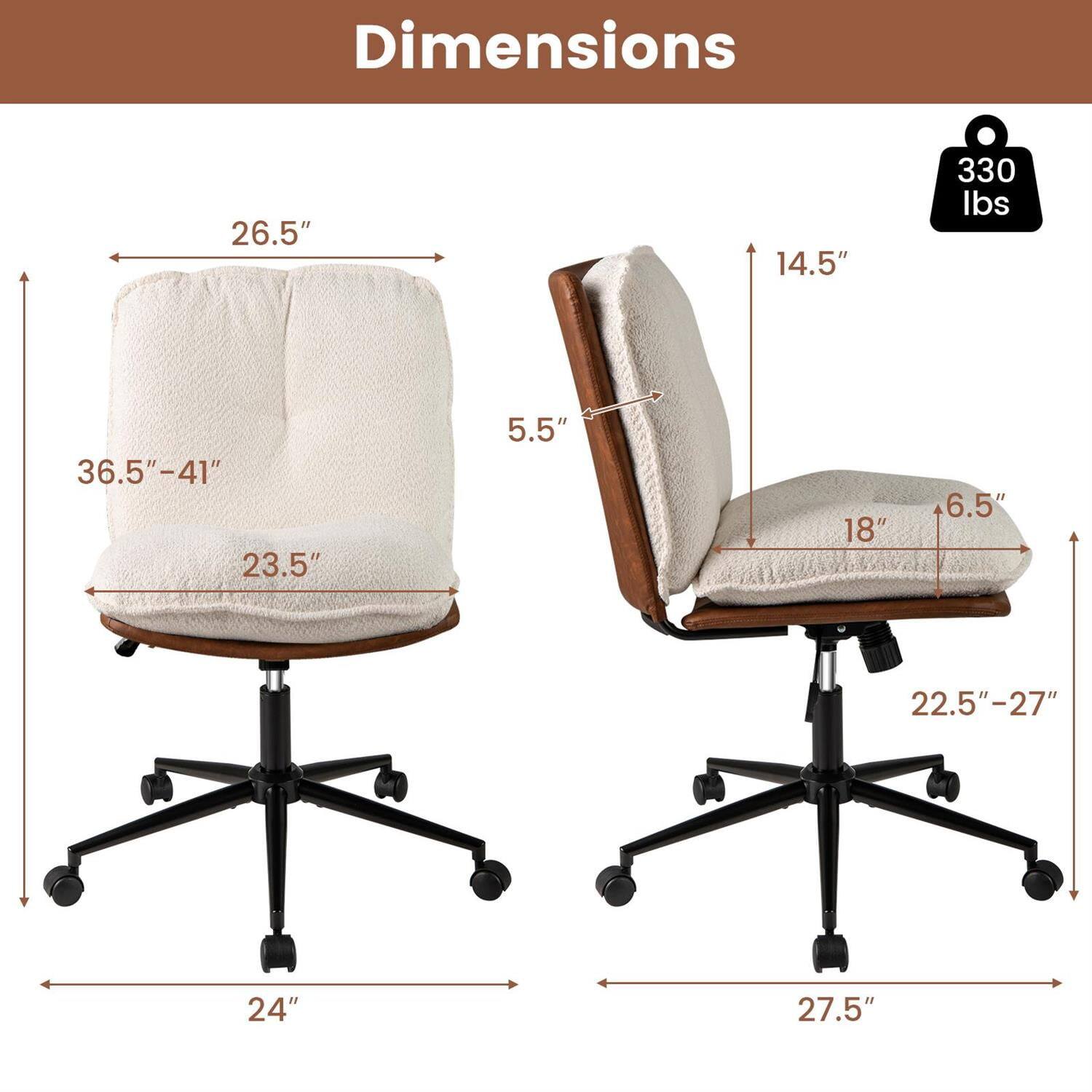 Dimensions:  
- Height: 36.5" - 41"  
- Width: 26.5"  
- Depth: 23.5"  
- Seat Height: 22.5" - 27"  
- Seat Depth: 18"  
- Back Height: 14.5"  
- Armrest Height: 6.5"  
- Base Width: 24" (left chair), 27.5" (right chair)  
- Weight Capacity: 330 lbs