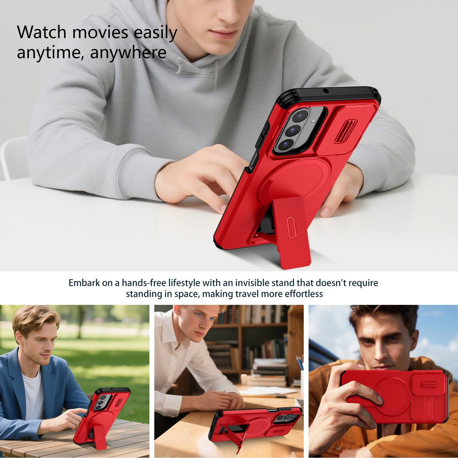 Watch movies easily anytime, anywhere

Embark on a hands-free lifestyle with an invisible stand that doesn't require standing in space, making travel more effortless