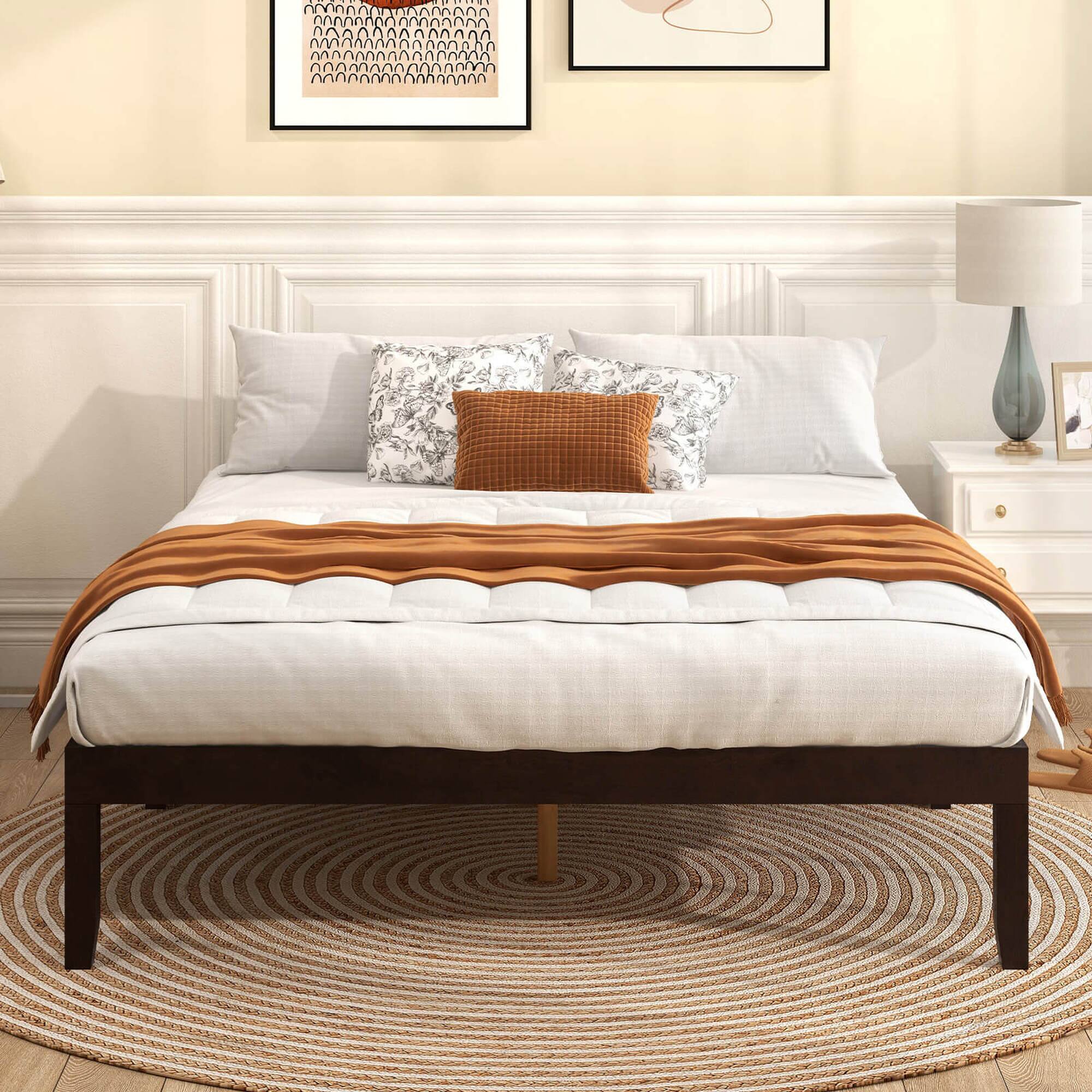 Alt View 5. Costway - Queen Size Wooden Platform Bed Frame 14" with Rubber Wood Legs Under-bed Storage - Brown.
