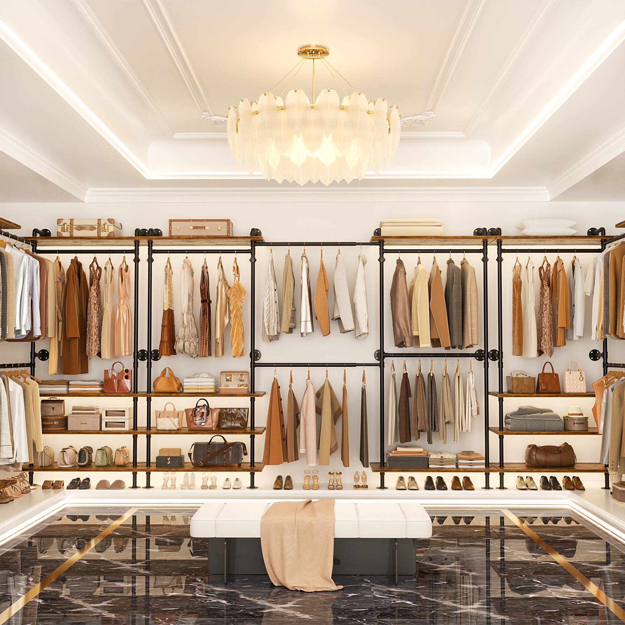 Angle. Aheaplus - Wall-Mounted Pipe Clothing Rack with Shelves, Width Adjustable Garment Rack, L-Shaped/Straight Reversible - Brown.