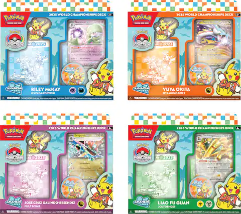 **2025 World Championships Deck**
**GardevoirX**
- Psychic Embrace
- Miracle Force
- 310
**Raging Bolt**
- Burst Ray
- Bellowing Thunder
- 240
**Dragapult**
- Jet Headbutt
- Phantom Dive
- 320
**Gholdengo**
- Cat Bones
- Make It Rain
- 260
**Riley McKay**
- Anaheim
- KSI's Gardevoir
**Yuya Okita**
- Anaheim
- JP Raging Bolt
**Jose Cruz Galindo-Resendiz**
- Anaheim
- Pult Bomb
**Liao Fu Guan**
- Anaheim
- Joltedengo
**Warning:** Choking Hazard - Small parts. Not for children under 3 years. Functional Sharp Points - Contains functional sharp points. Not for children under 4 years.
