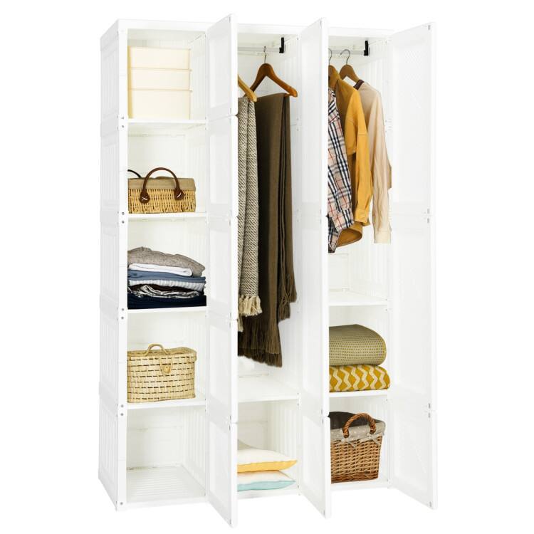 Front. SlickBlue - Portable Wardrobe Closet with 10 Cubes, Foldable Fabric Armoire Design - White.