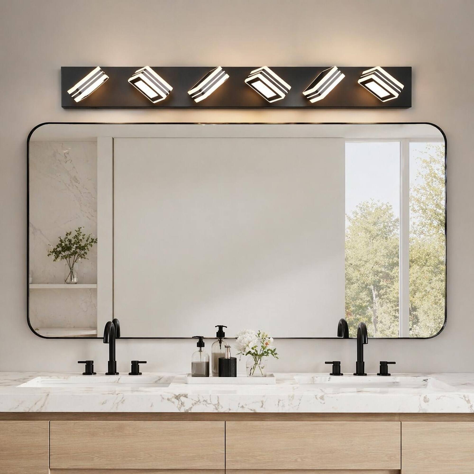Angle. RYHNUYNE - 6‑Light LED Vanity Light,40" Modern Bathroom Wall Light Fixture, Over Mirror Bath Vanity Lighting - Black.
