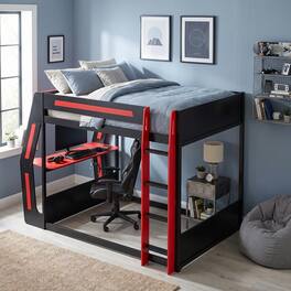 Whisen - Full Size Gaming Bunk Bed with RGB Desk,USB Ports and Cable Management - Red