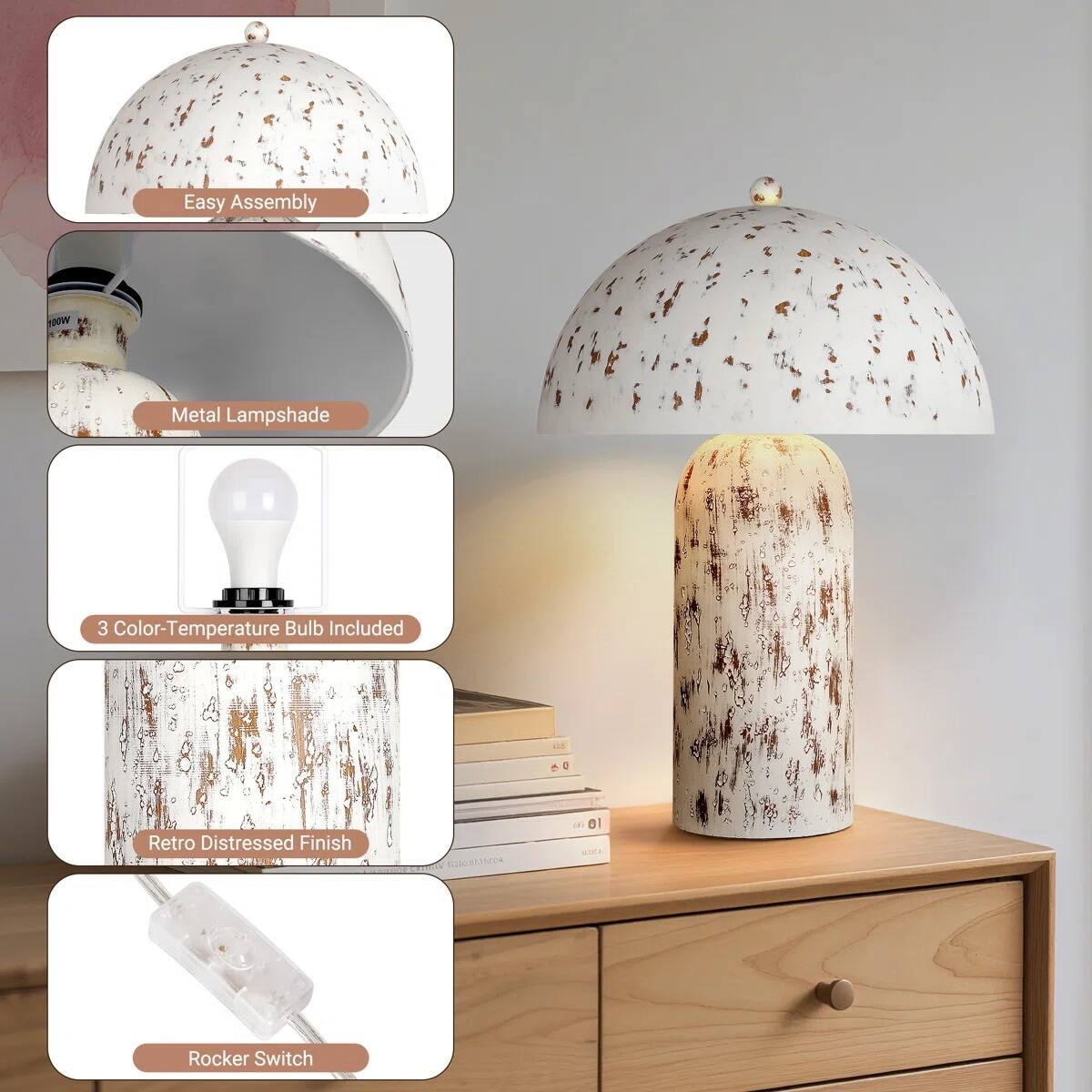 Easy Assembly  
Metal Lampshade  
3 Color-Temperature Bulb Included  
Retro Distressed Finish  
Rocker Switch