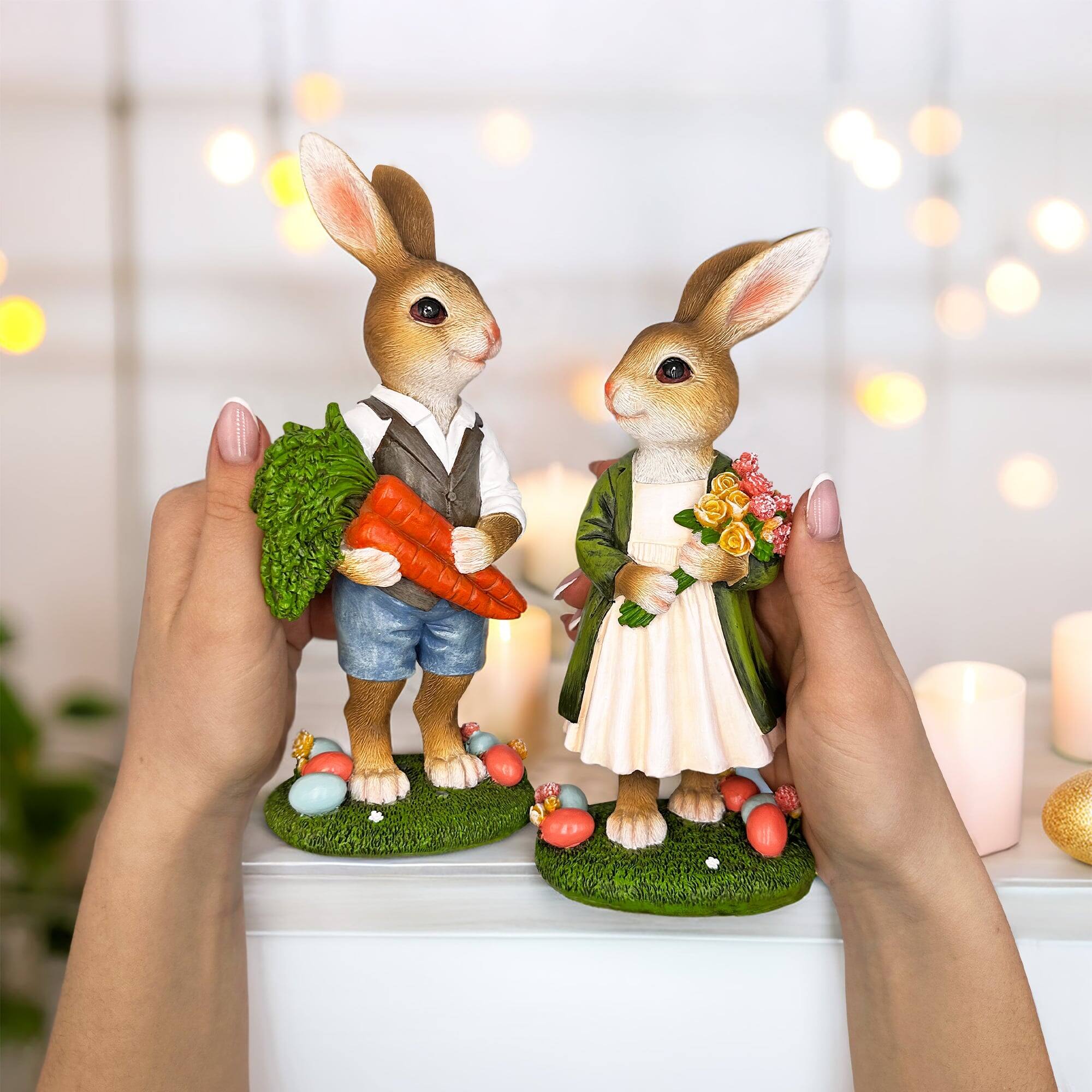 Back. OrnamentallyYou - Harvest and Bloom Country Bunny Pair Figurine, 8" Rabbit Garden Statue Set - Multicolored.