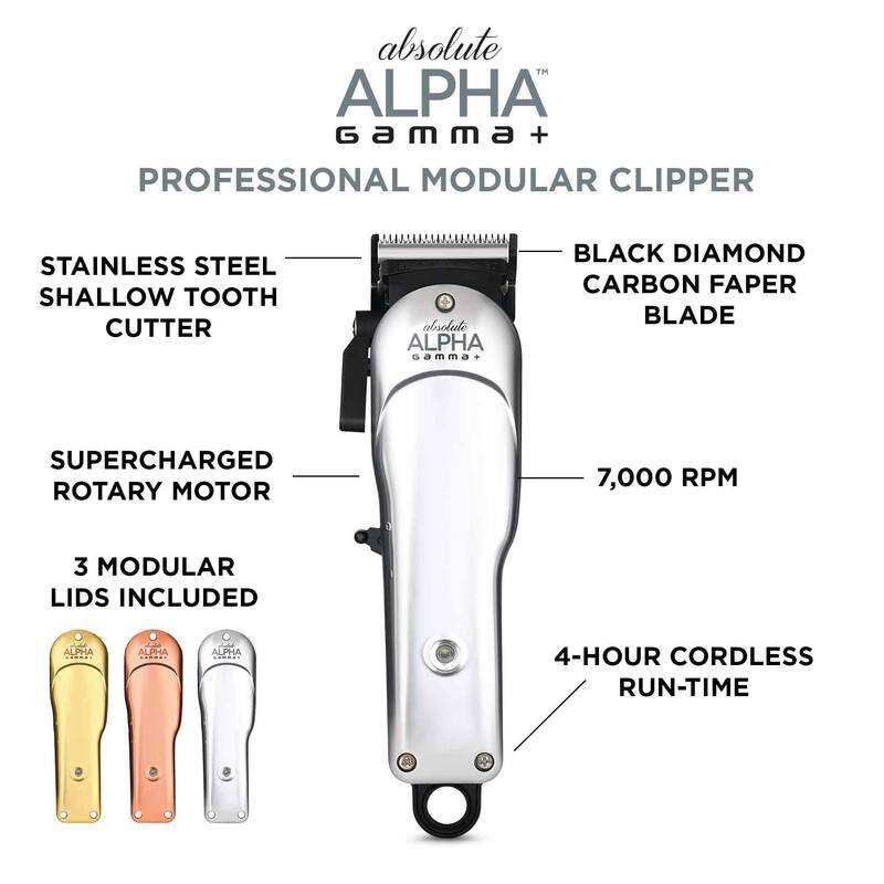 absolute ALPHA GammA+ PROFESSIONAL MODULAR CLIPPER STAINLESS STEEL SHALLOW TOOTH CUTTER alisoluto ALPHA Gamma+ BLACK DIAMOND CARBON FAPER BLADE SUPERCHARGED ROTARY MOTOR 7,000 RPM 3 MODULAR LIDS INCLUDED 4-HOUR CORDLESS RUN-TIME