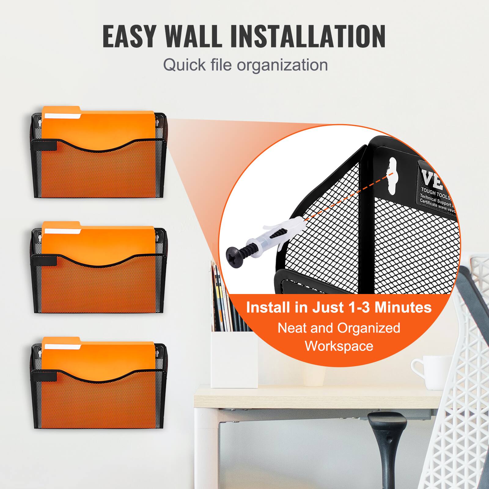 EASY WALL INSTALLATION  
Quick file organization  

Install in Just 1-3 Minutes  
Neat and Organized Workspace