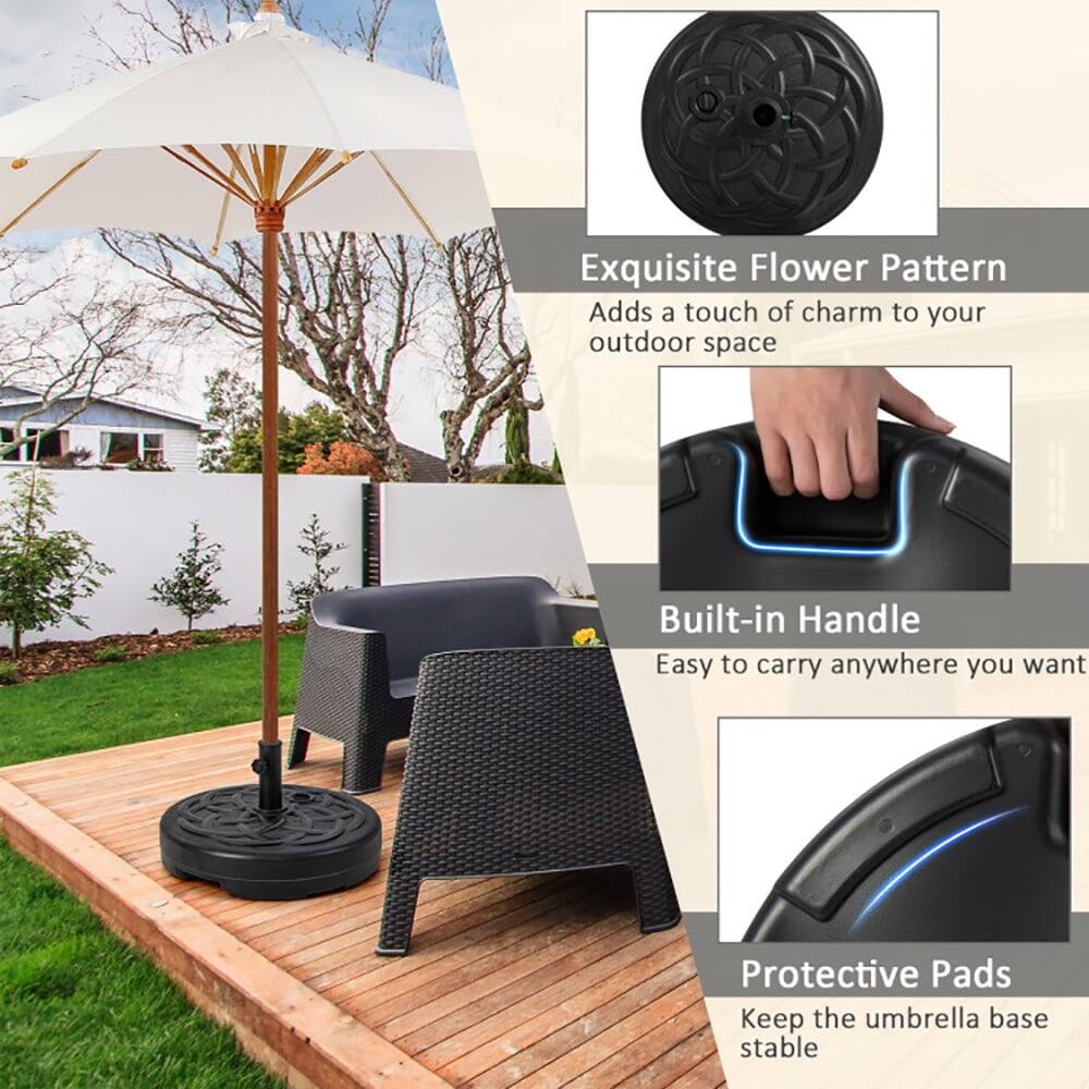 Exquisite Flower Pattern  
Adds a touch of charm to your outdoor space  

Built-in Handle  
Easy to carry anywhere you want  

Protective Pads  
Keep the umbrella base stable