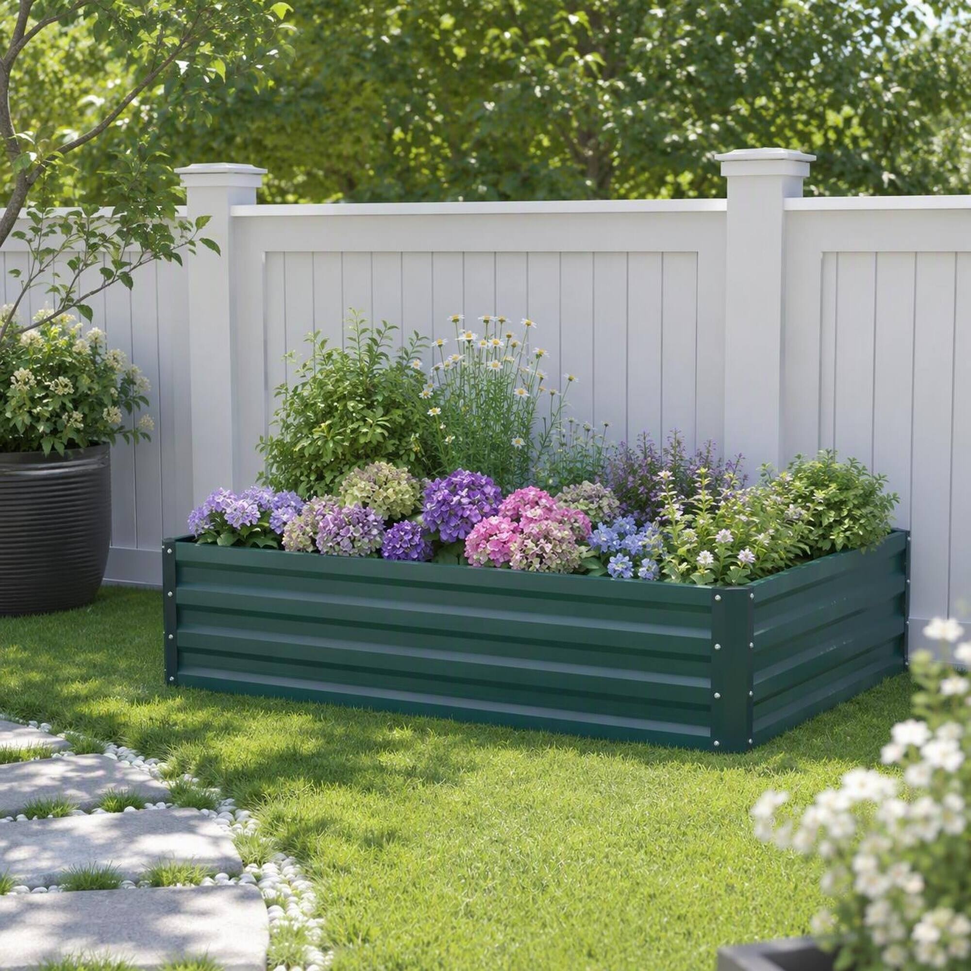 Back. RYHNUYNE - Outsunny Galvanized Steel Raised Garden Bed, 4x4x1 Foot Metal Planter Box for Vegetables, Flowers, Herbs - Green.