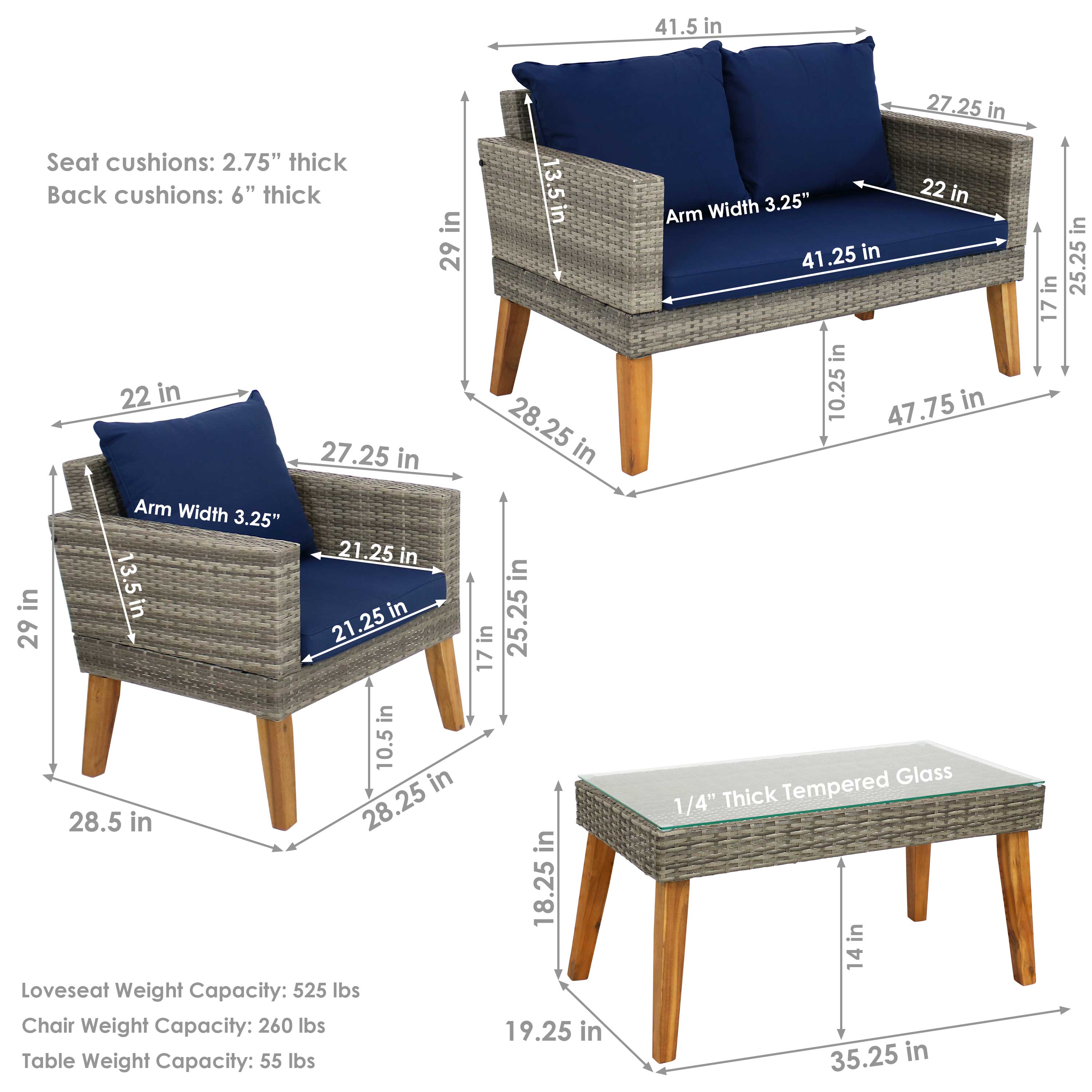 Sure, here is the corrected and grouped text:

**Dimensions:**
- Seat cushions: 2.75" thick
- Back cushions: 6" thick
- Arm Width: 3.25"
- Loveseat:
  - Width: 41.5 in
  - Depth: 27.25 in
  - Height: 47.75 in
  - Arm to Arm: 41.25 in
  - Seat Height: 17 in
  - Seat Depth: 25.25 in
  - Back Height: 29 in
- Chair:
  - Width: 27.25 in
  - Depth: 21.25 in
  - Height: 35.25 in
  - Arm to Arm: 22 in
  - Seat Height: 17 in
  - Seat Depth: 21.25 in
  - Back Height: 29 in
- Table:
  - Width: 35.25 in
  - Depth: 19.25 in
  - Height: 14 in
  - Glass Thickness: