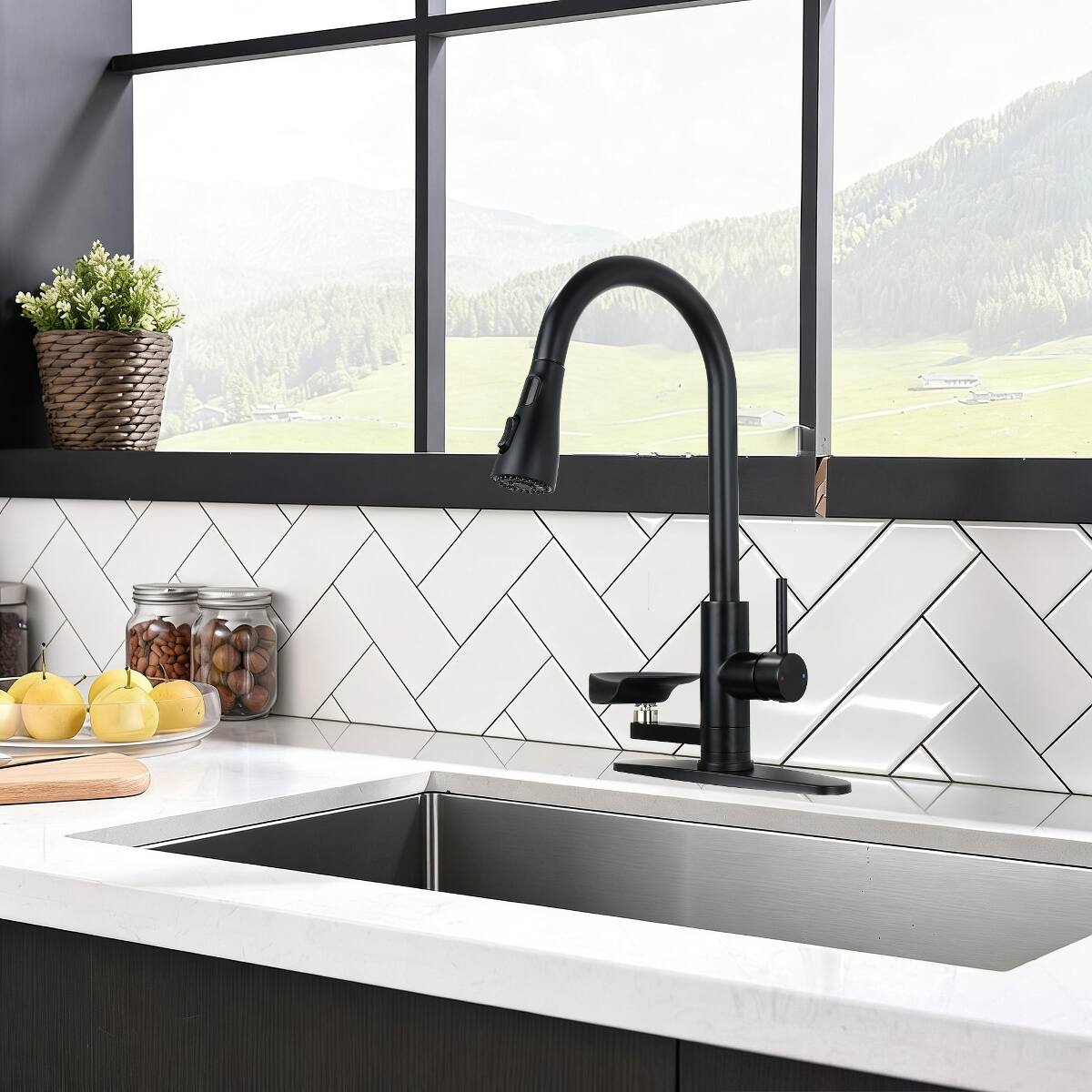 Angle. Ropilly - Ropilly 3 in 1 kitchen faucet matte black kitchen faucet with glass rinser and pull down sprayer - Matte Black.