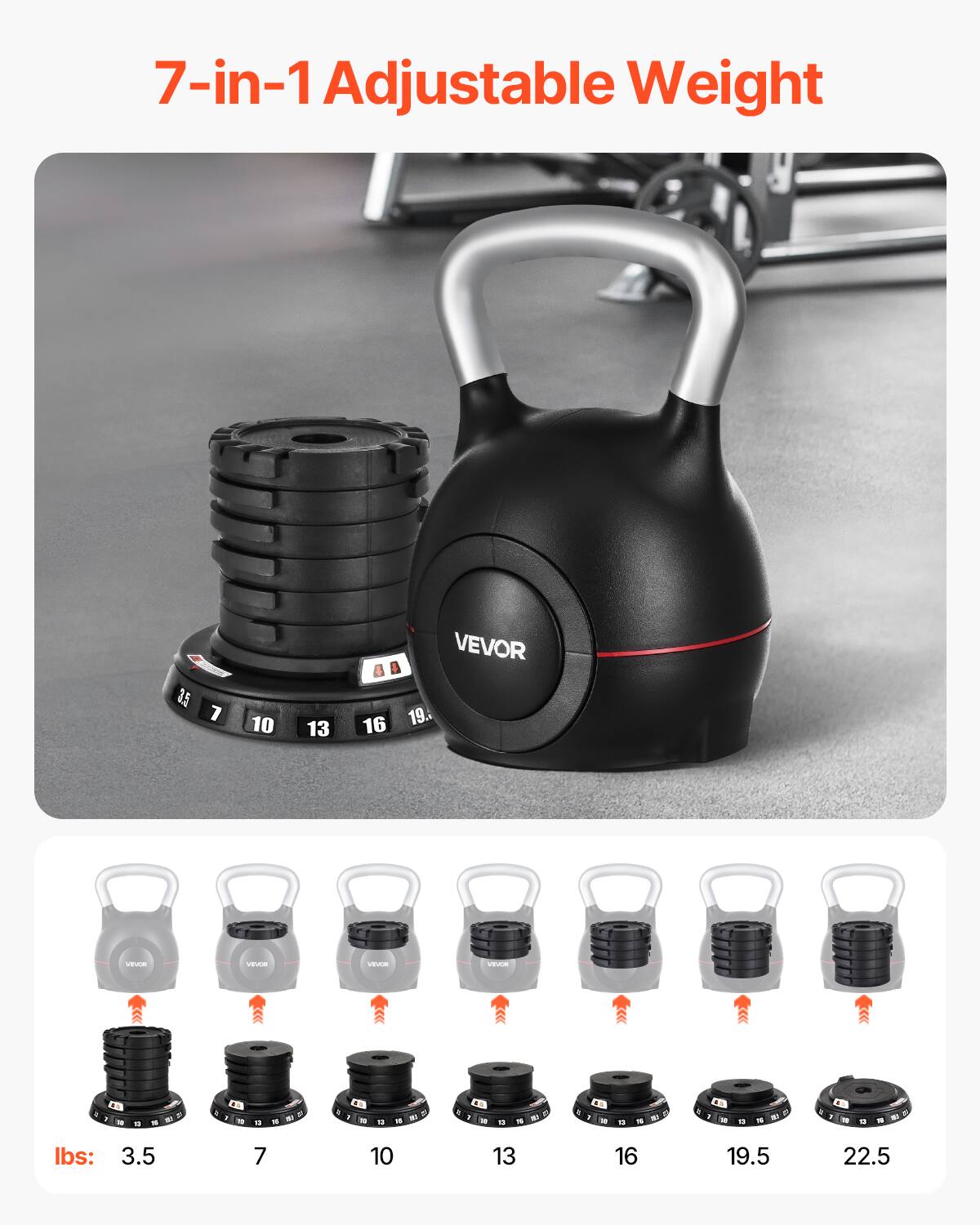 7-in-1 Adjustable Weight

VEVOR

lbs: 3.5 7 10 13 16 19.5 22.5