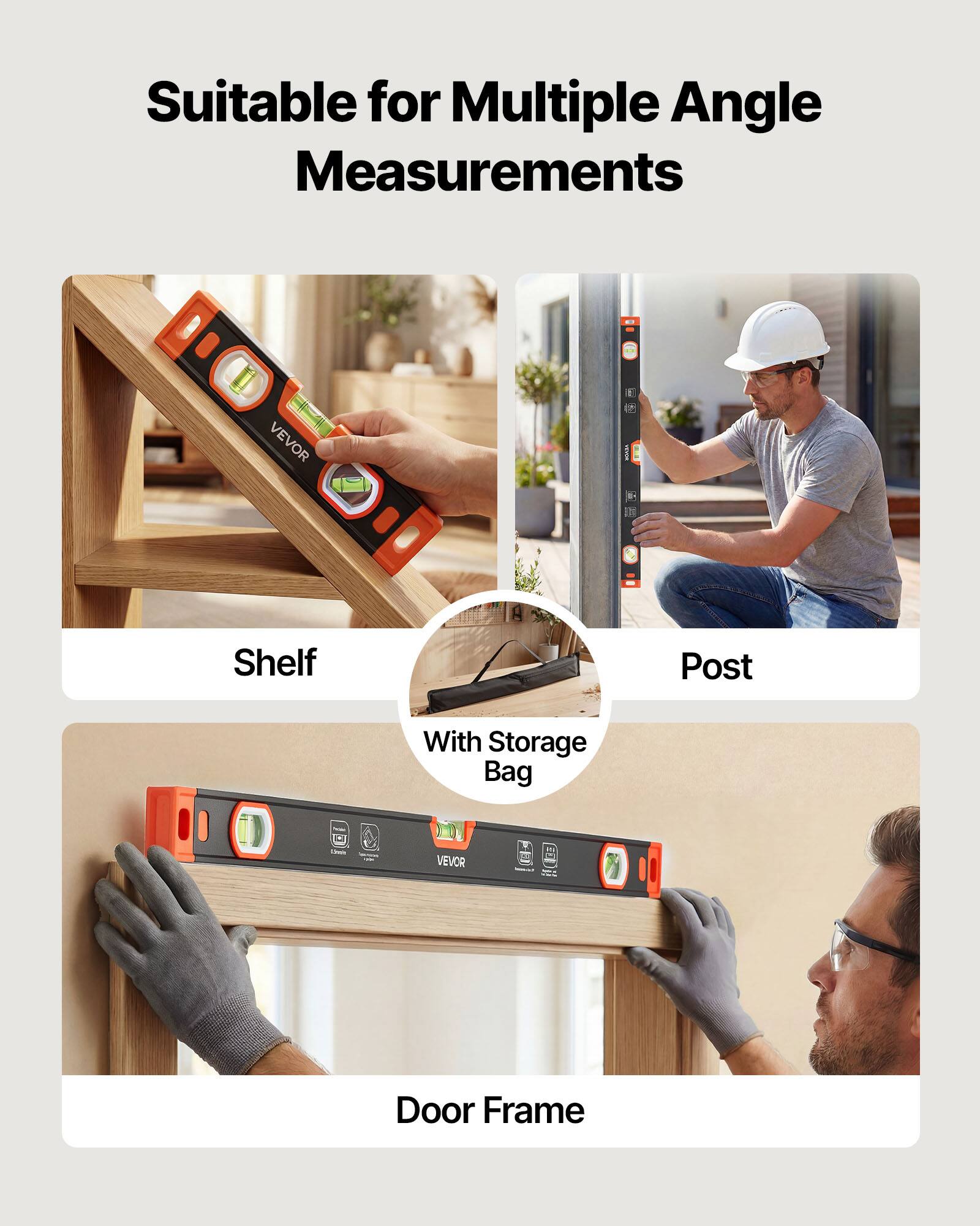 Suitable for Multiple Angle Measurements

- Shelf
- Post
- Door Frame

With Storage Bag