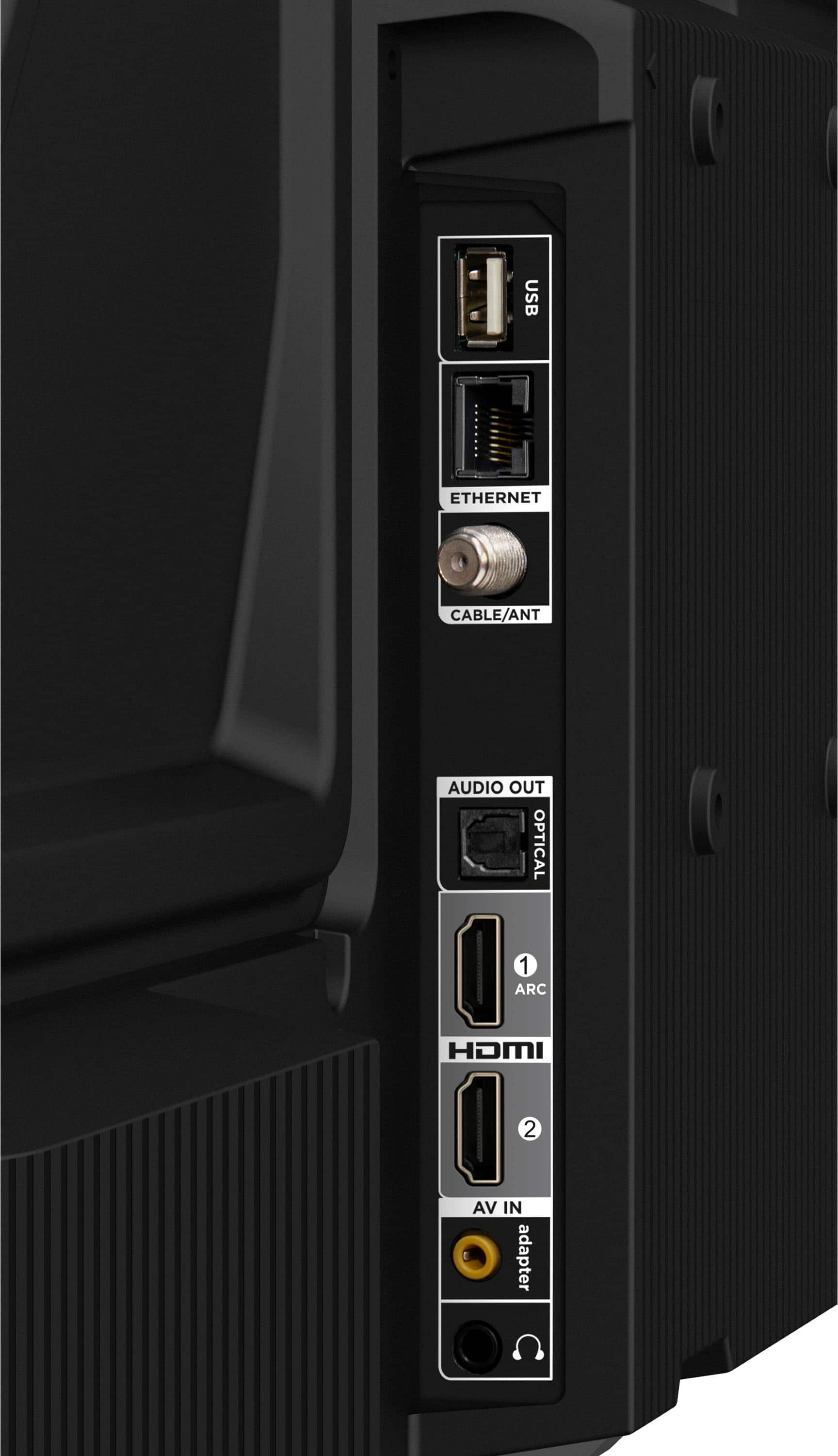 The text on the image reads: "USB, Ethernet cable/antenna, audio out, optical 1, HDMI 2, AV in adapter."