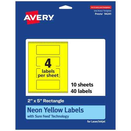 Go to avery.com/templates
AVERY
Use Avery Template Presta* 94241
4 labels per sheet
10 sheets
40 labels
2" x 5" Rectangle
Neon Yellow Labels with Sure Feed Technology for Laser/Inkjet