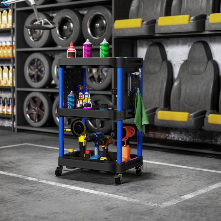 Alt View 2. PULUZ - 3-Tier Rolling Tool Cart, 200 LBS Capacity Plastic Utility Cart with Side Shelves for Garage Workshop - Black and Dark Blue.