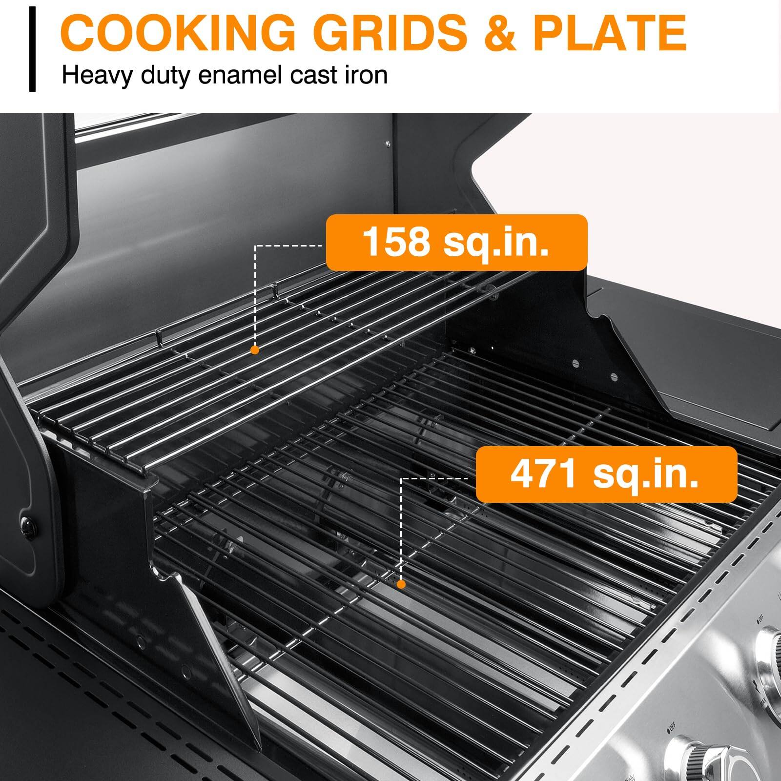 COOKING GRIDS & PLATE  
Heavy duty enamel cast iron  

158 sq.in.  
471 sq.in.