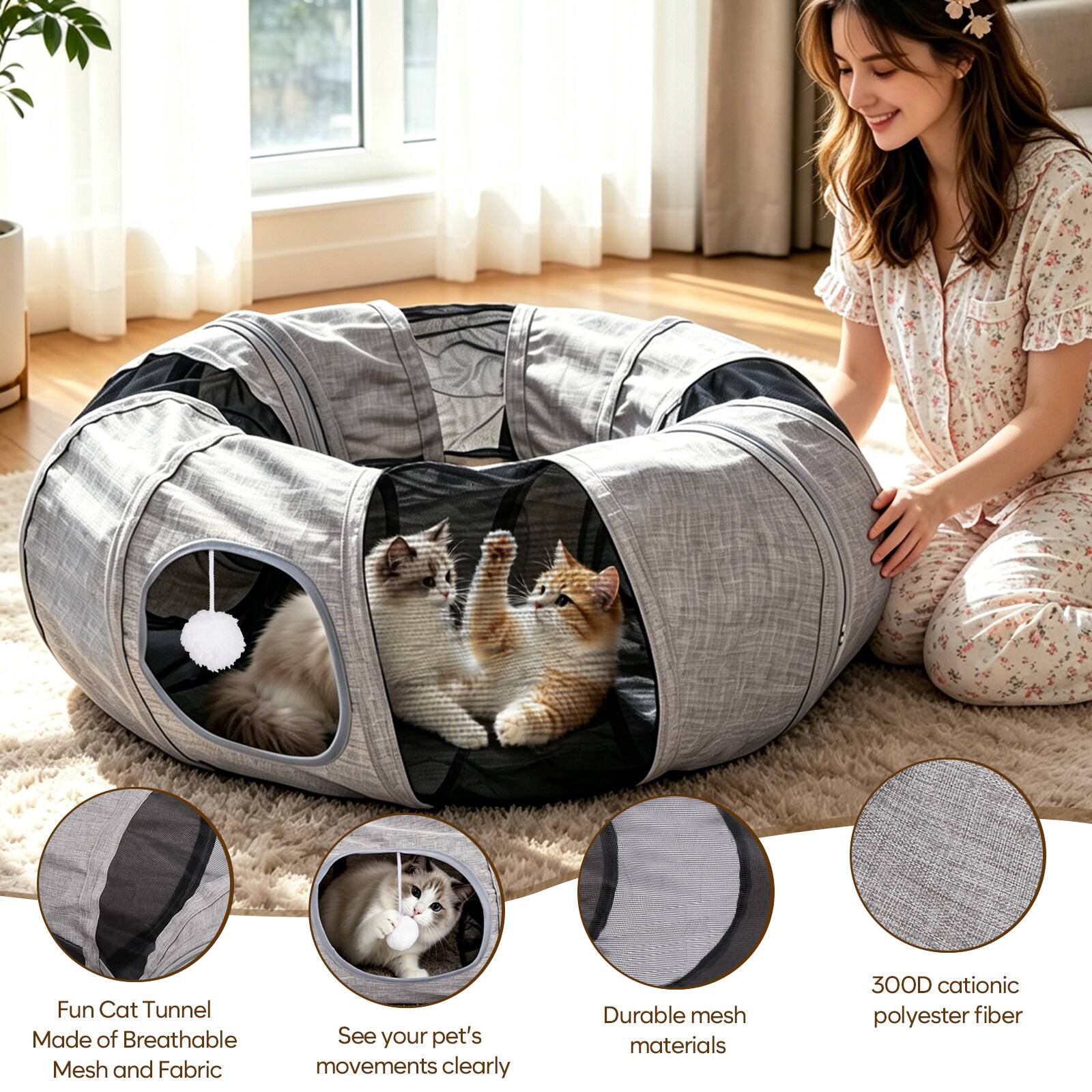 Fun Cat Tunnel Made of Breathable Mesh and Fabric  
See your pet's movements clearly  
Durable mesh materials  
300D cationic polyester fiber