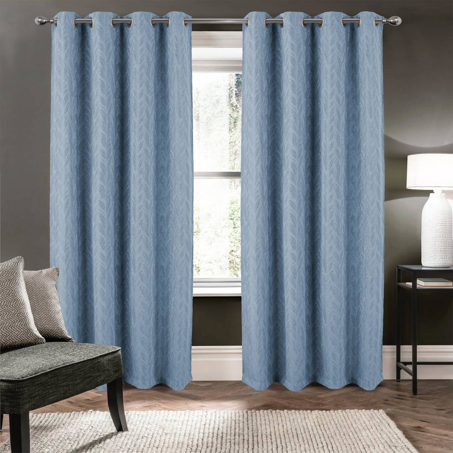 Angle. RT Designers Collection - RT Designers Collection 100% polyester Reba Luxury Jacquard Blackout Grommet Curtain Panel 54" x 90" Wedgewood - Wedgewood.