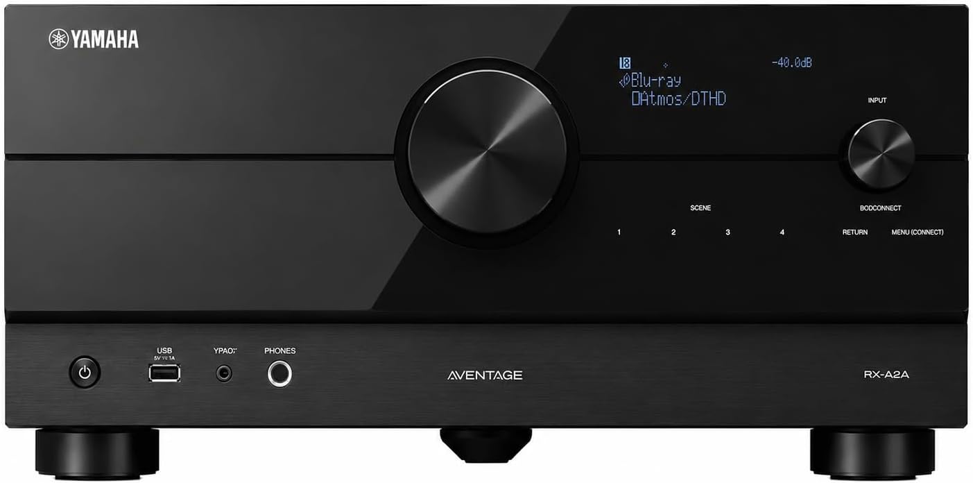 YAMAHA 8 Blu-ray DAtmos/DTHD -40.0dB INPUT SCENE BODCONNECT 1 2 3 4 RETURN MENU (CONNECT) USB YPAO: PHONES AVENTAGE RX-A2A