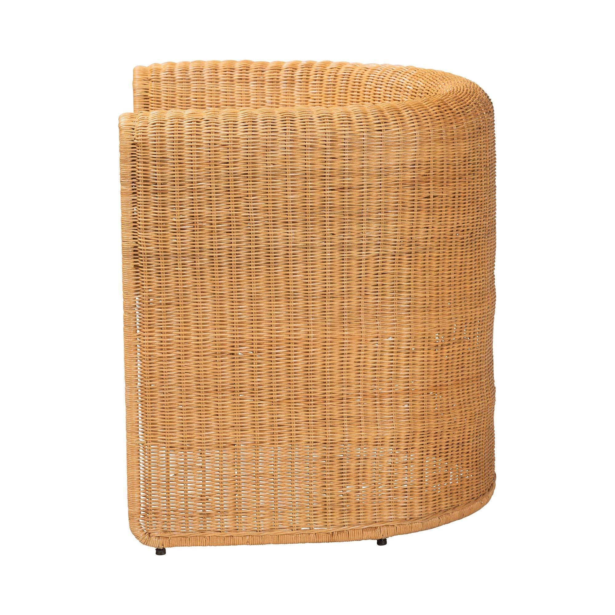 Left. bali & pari - Carina Natural Rattan Barrel Dining Chair - Handwoven Wicker Accent Chair with Curved Backrest and Removable Cushion - Light Honey.