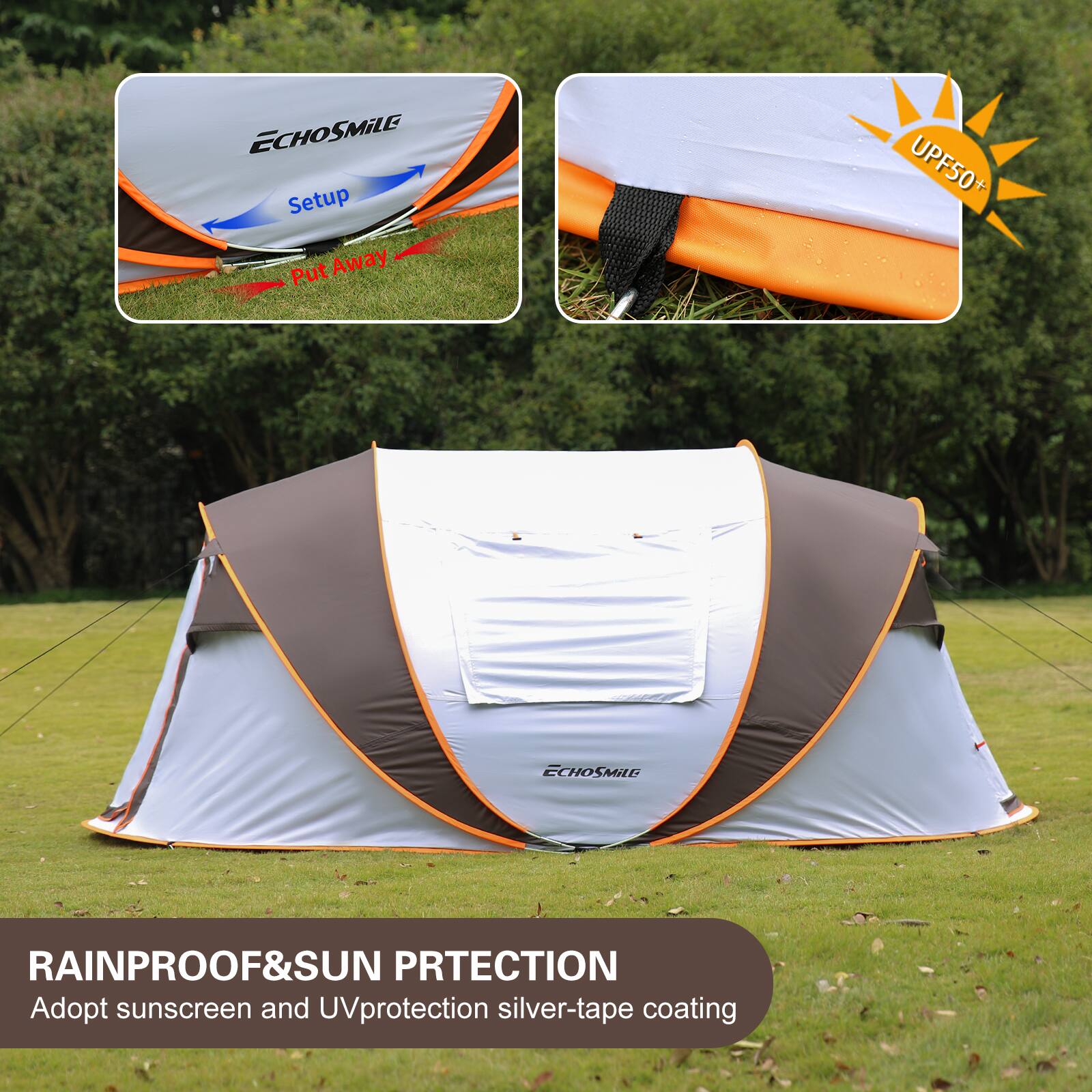 **ECHOSMILE**

**Setup**  
**Put Away**

**UPF50+**

**RAINPROOF&SUN PROTECTION**  
Adopt sunscreen and UV protection silver-tape coating
