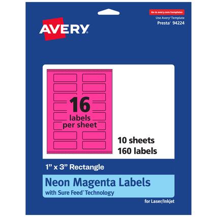 Go to avery.com/templates
Use Avery Template Presta® 94224
16 labels per sheet
10 sheets
160 labels
1" x 3" Rectangle Neon Magenta Labels with Sure Feed Technology for Laser/Inkjet