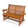 Front. Fortune Candy - Wooden Outdoor Patio Glider Bench with Cupholders, Heavy Duty 800 LBS, for Porch Yard Garden (2-Seater) - Teak Tone.