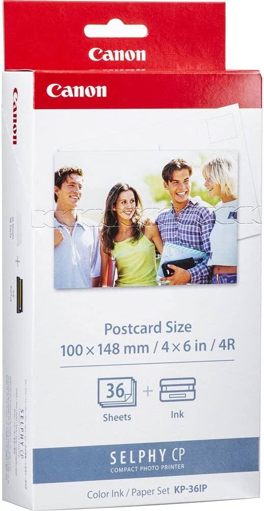 Canon  
Postcard Size  
100 x 148 mm / 4 x 6 in / 4R  
36 Sheets + Ink  
SELPHY CP  
Compact Photo Printer  
Color Ink / Paper Set KP-36IP