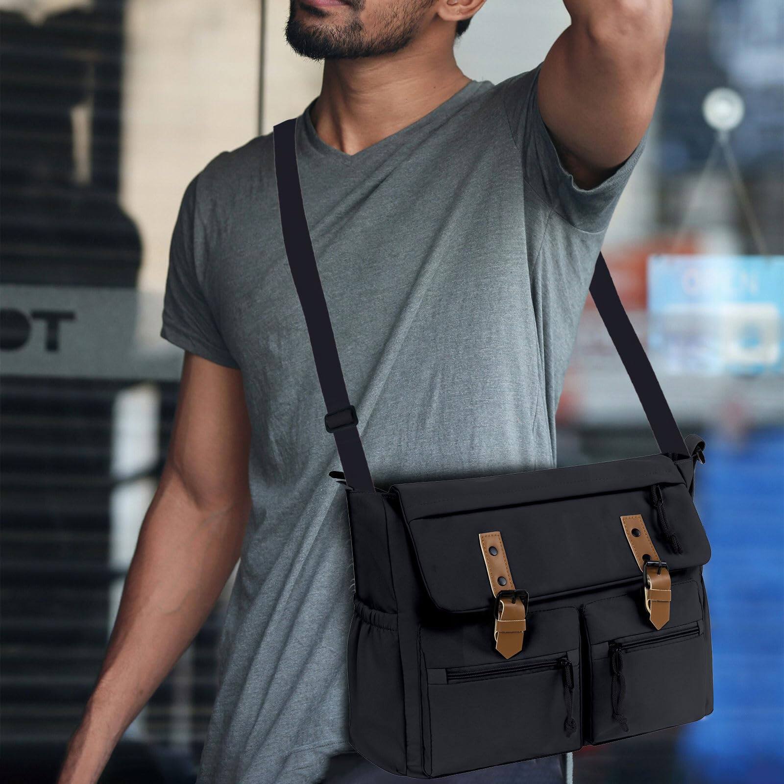 Alt View 1. Wikistore - WIKISTORE Canvas Messenger Bag for Women Men Crossbody Laptop Bag with Adjustable Strap Black - Black.