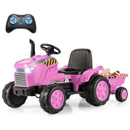 Costway - 2-in-1 Electric Toy Car 12V Kids Ride On Tractor w/Trailer Remote Control Lights - Pink