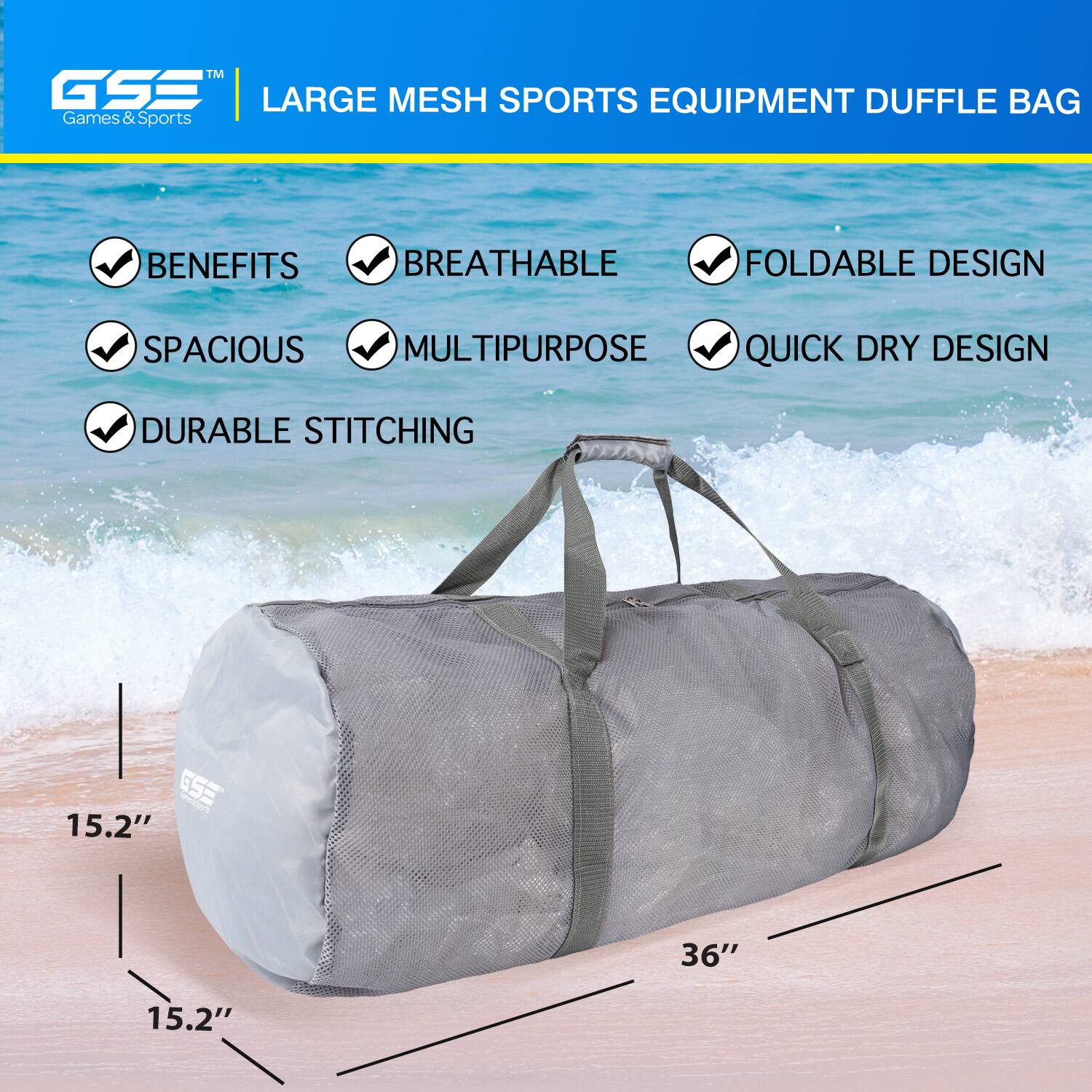 TM GSE LARGE MESH SPORTS EQUIPMENT DUFFLE BAG Games & Sports

BENEFITS
BREATHABLE
FOLDABLE DESIGN
SPACIOUS
MULTIPURPOSE
QUICK DRY DESIGN
DURABLE STITCHING

15.2"
36"
15.2"