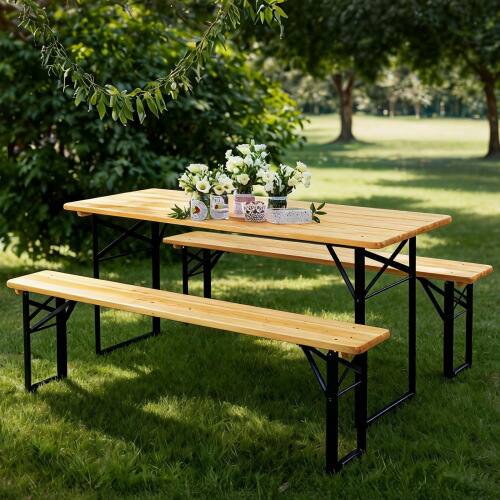 Alt View 9. Winado - 70in Folding Picnic Tables with Benches Set of 3 Wooden Beer Table Bench Portable for Indoor Outdoor Garden Camping BBQ - Wooden.