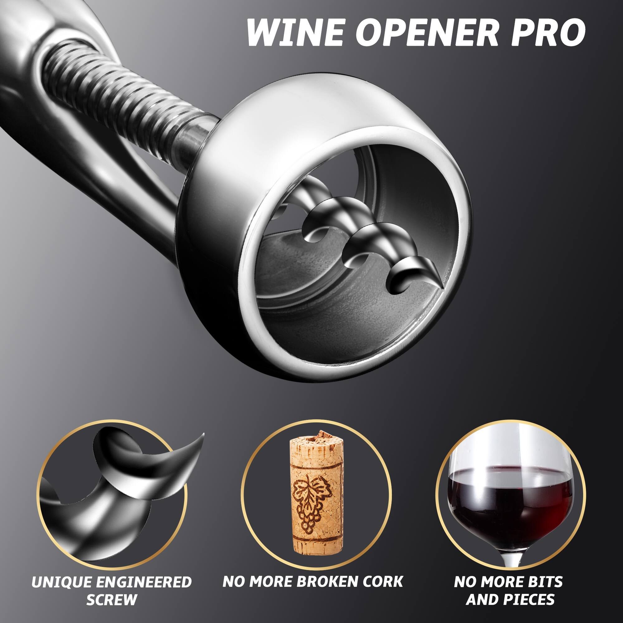 Angle. Gourmet Easy - Wine Opener Deluxe, Heavy-Duty Bottle Opener, Manual Corkscrew for Easy & Smooth Removal of Intact Wine Corks - Stainless Steel.
