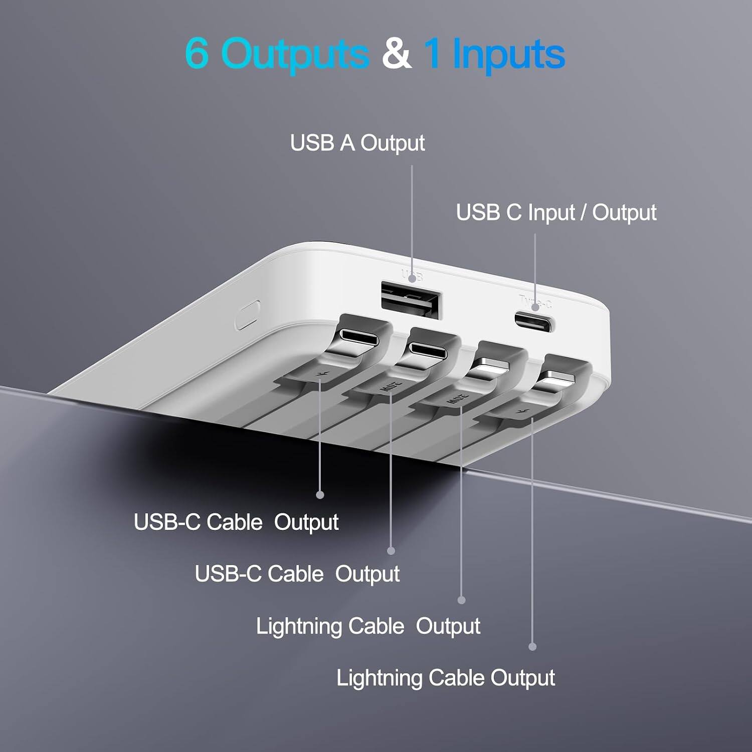 6 Outputs & 1 Inputs

USB A Output

USB C Input/Output

USB-C Cable Output

USB-C Cable Output

Lightning Cable Output

Lightning Cable Output