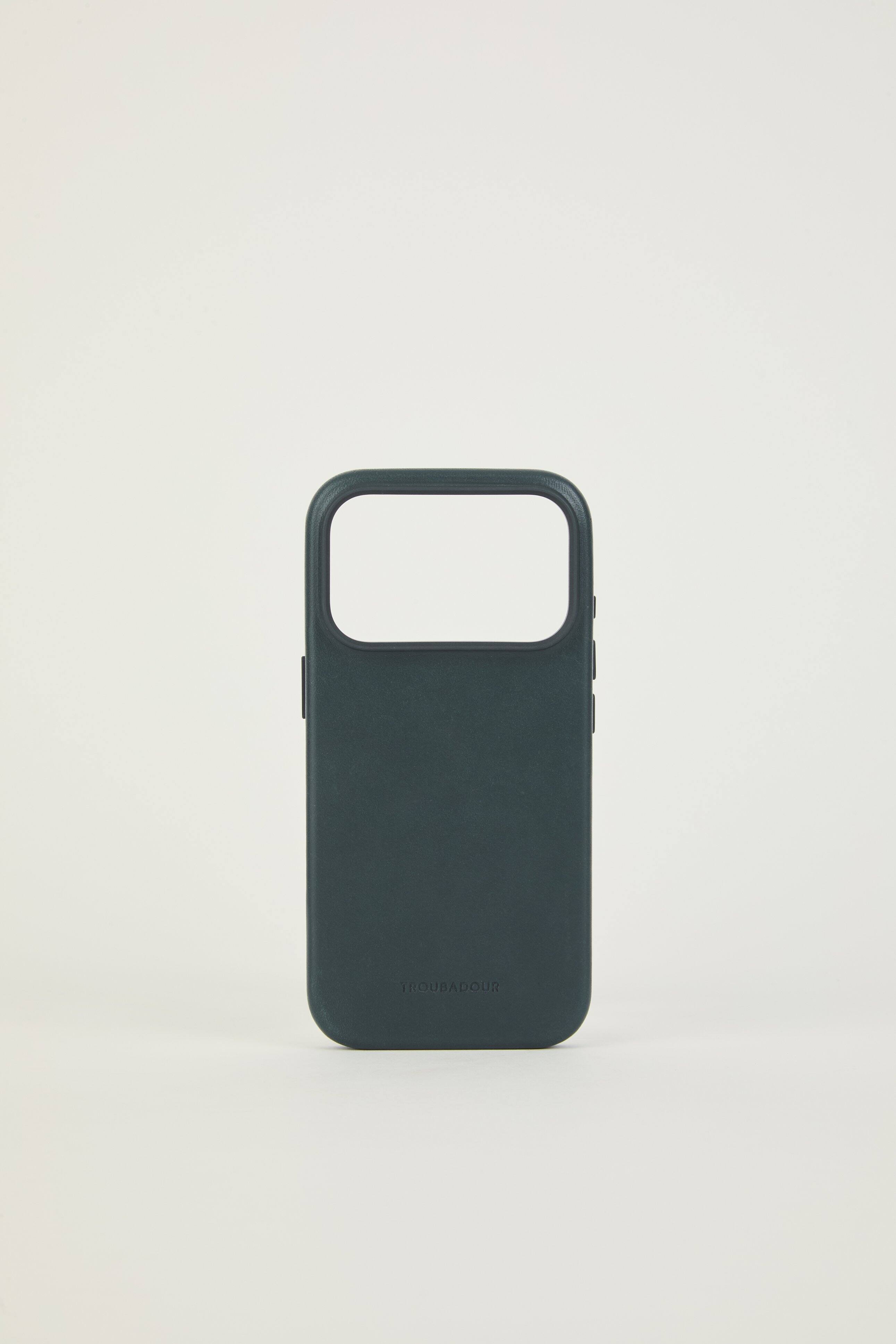 Angle. Troubadour - iPhone 18 Pro Leather Case - Obsidian Green.