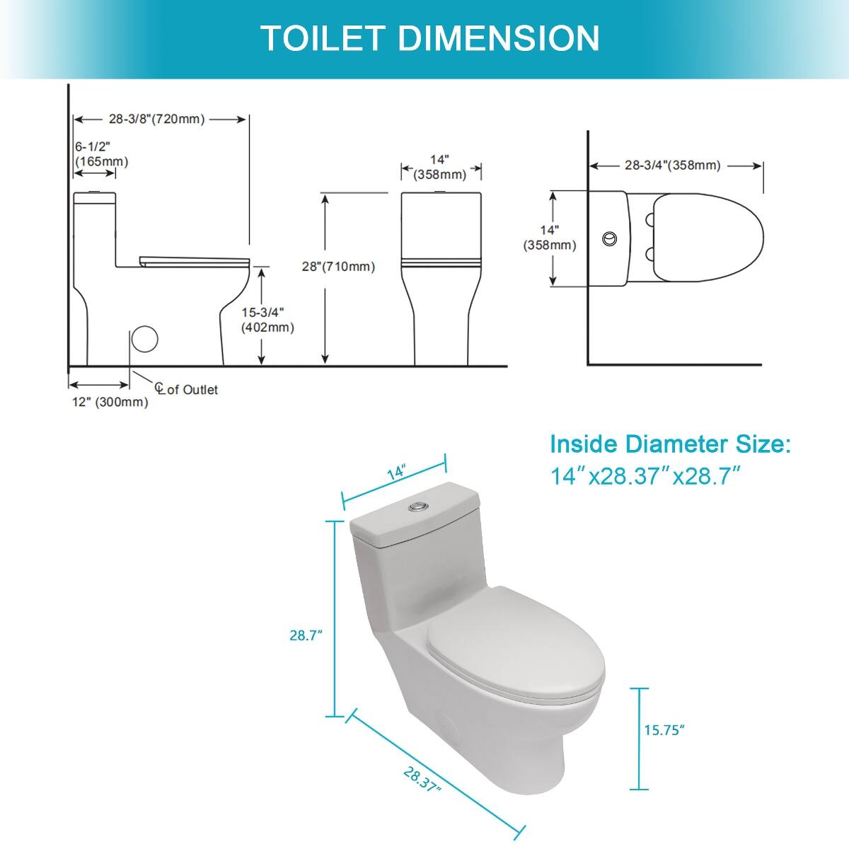 TOILET DIMENSION

28-3/8" (720mm)  
6-1/2" (165mm)  
14" (358mm)  
28-3/4" (358mm)  
28" (710mm)  
14" (358mm)  
15-3/4" (402mm)  
C of Outlet 12" (300mm)  
14"  

Inside Diameter Size: 14" x 28.37" x 28.7"  
28.7"  
28.37"  
15.75"