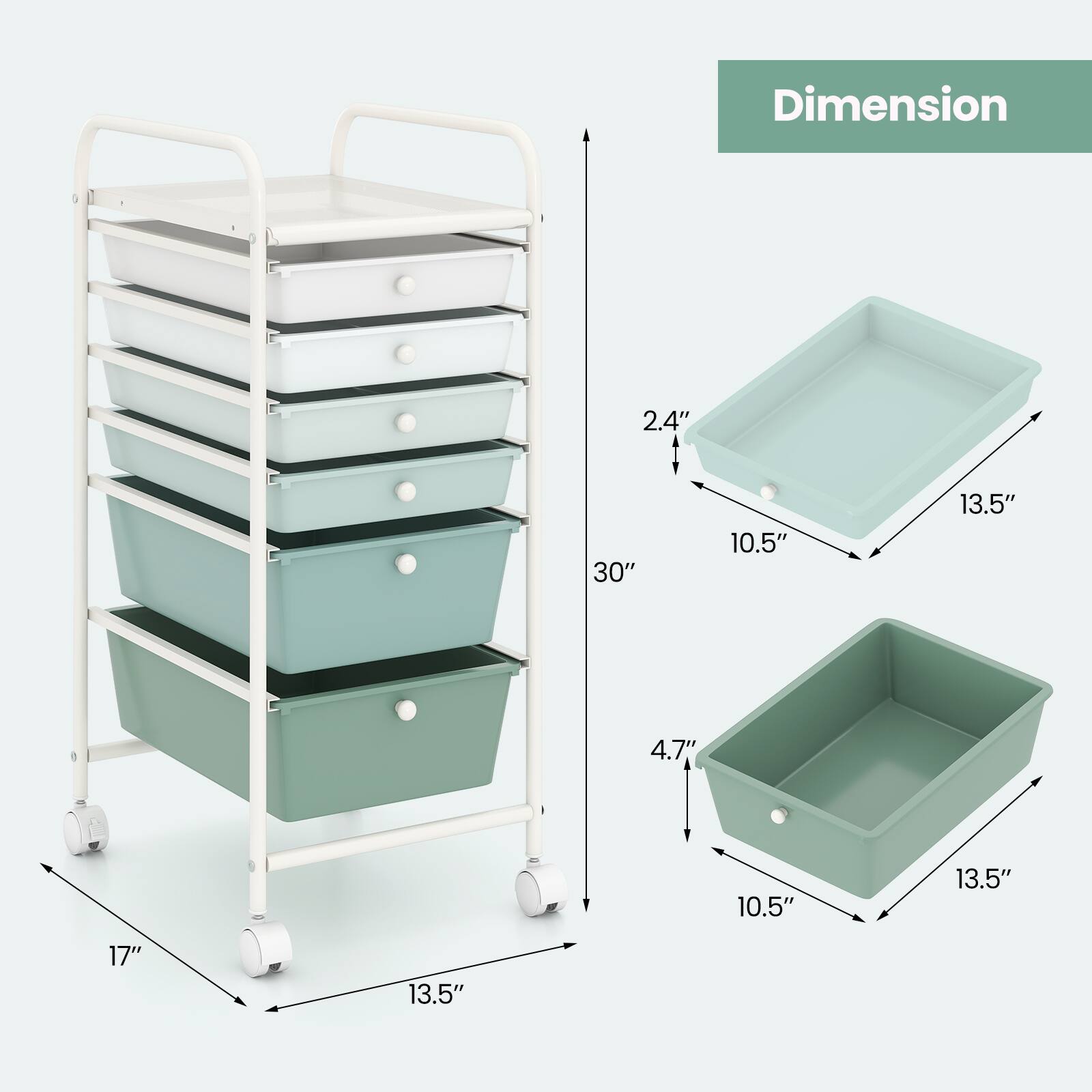 Dimension  
2.4"  
30"  
10.5"  
13.5"  
4.7"  
10.5"  
13.5"  
17"  
13.5"