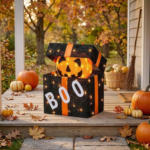 Front. Winado - 2PCS Halloween Cute Pumpkin Gift Box Pop-Up Automatic with Pre-lit Light for Indoor Living Room Holiday Party Decortaion - Orange.
