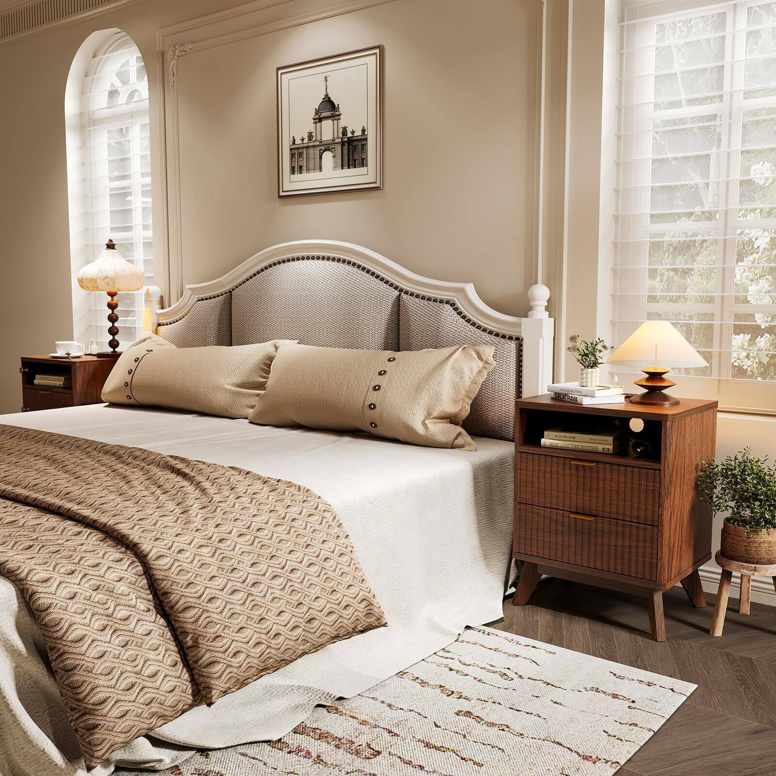 Alt View 1. Acekool - Fluted Nightstand  Set of 2 with Charging Station, 15" Mid Century Modern Bedside Table with 2 Drawer - Brown.