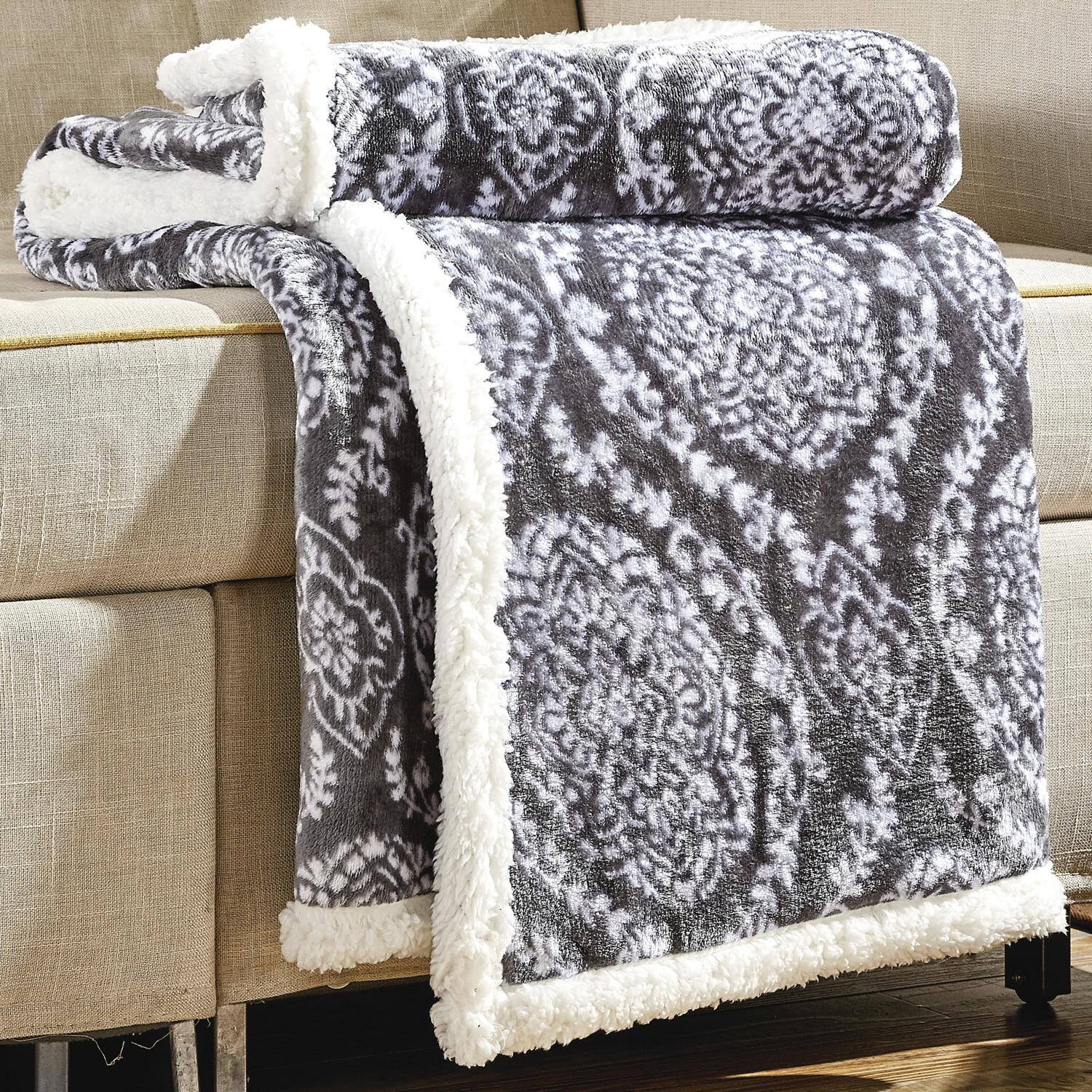 Alt View 1. Noble House - Plazatex Gracey with Sherpa Plush Decorative All Season Plum Throw Blanket 50" x 60" Grey - Grey.
