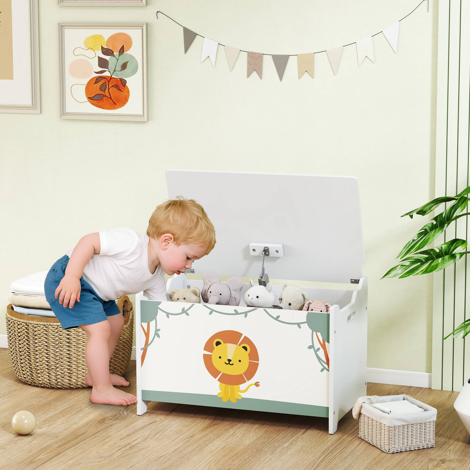 Alt View 1. Qaba - Box with Lid, Safety Hinges and Groove Handles, Toy Storage Organizer for Kids, Living Room - Green.